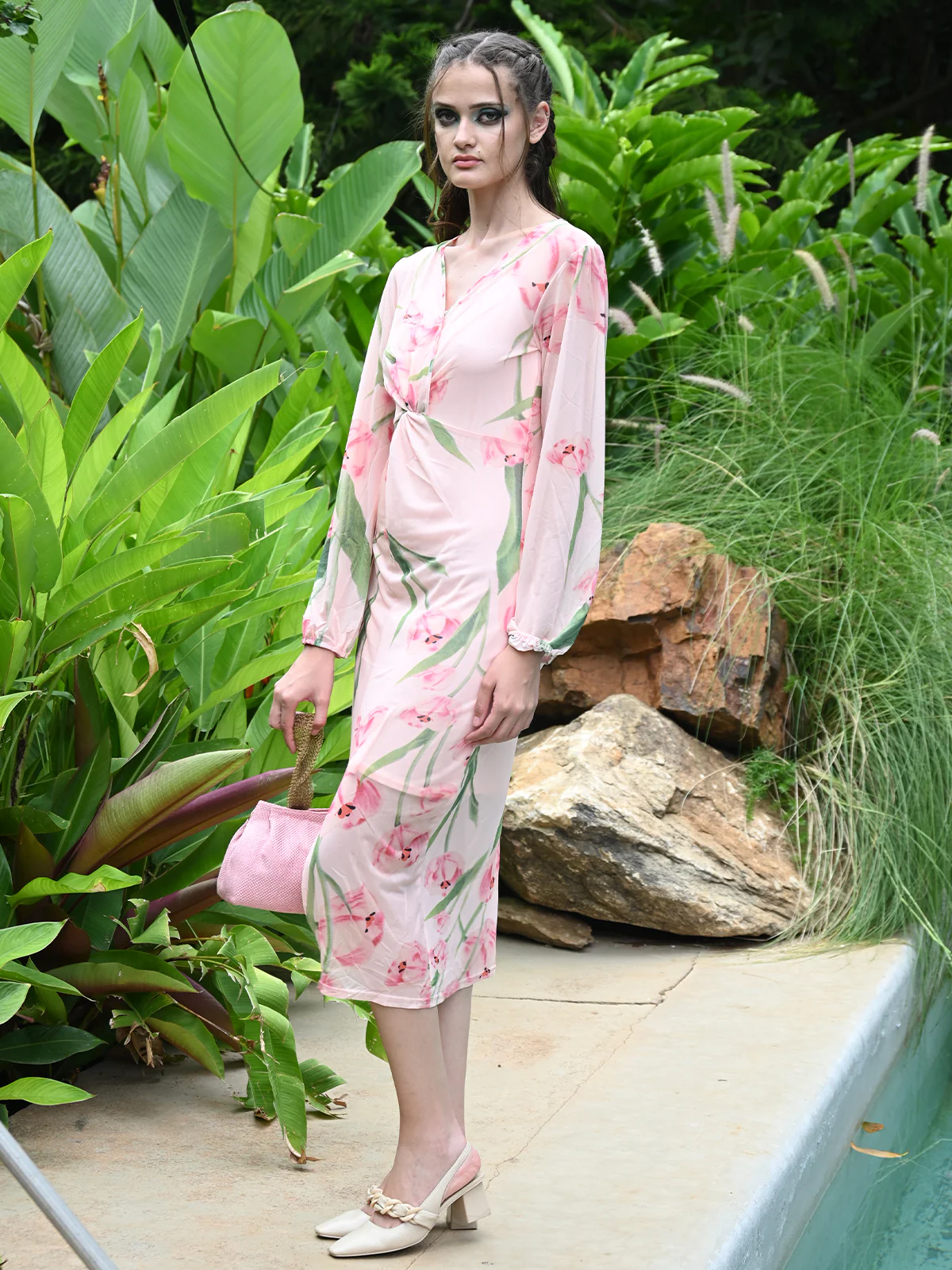 Odette Women Peach Printed Net Lycra Long Slip On Dress - Image 2