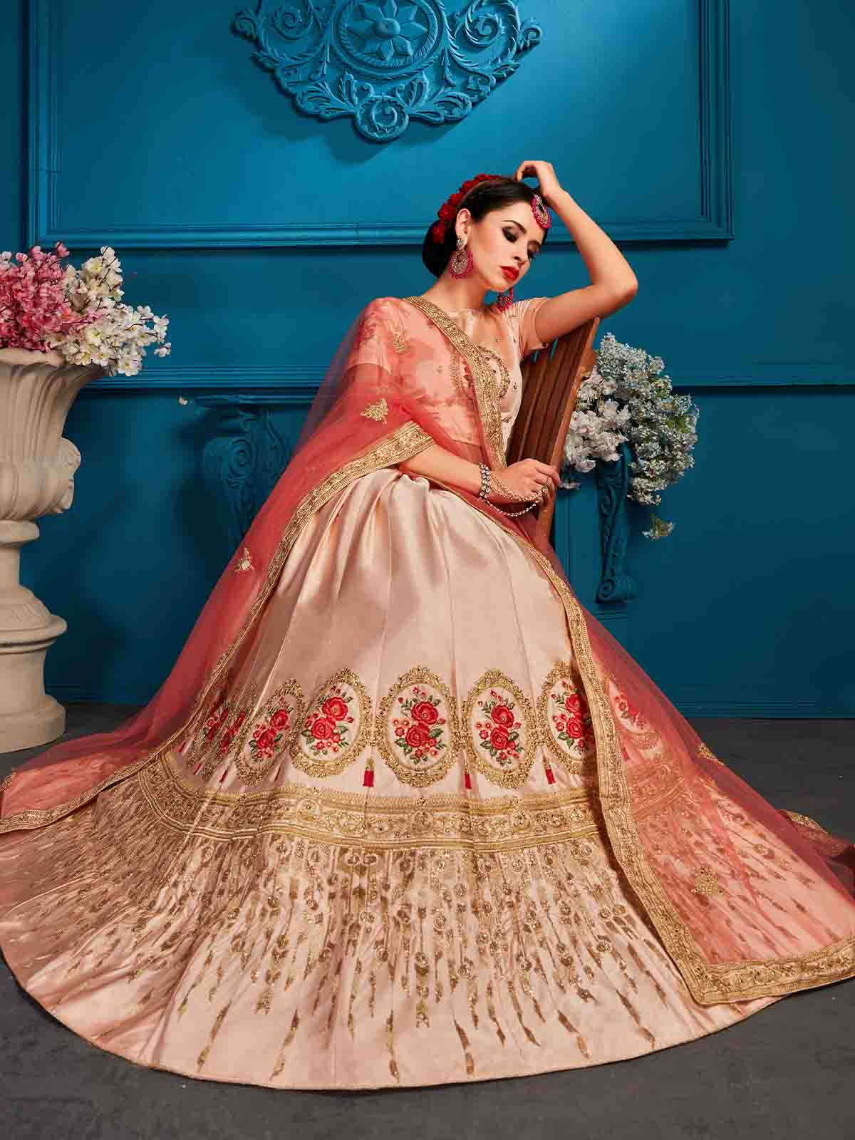 Odette Women Peach Resham,Zari,Stone,Gilter Sequins Semi Stitched Lehenga With Unstitched Blouse - Image 2
