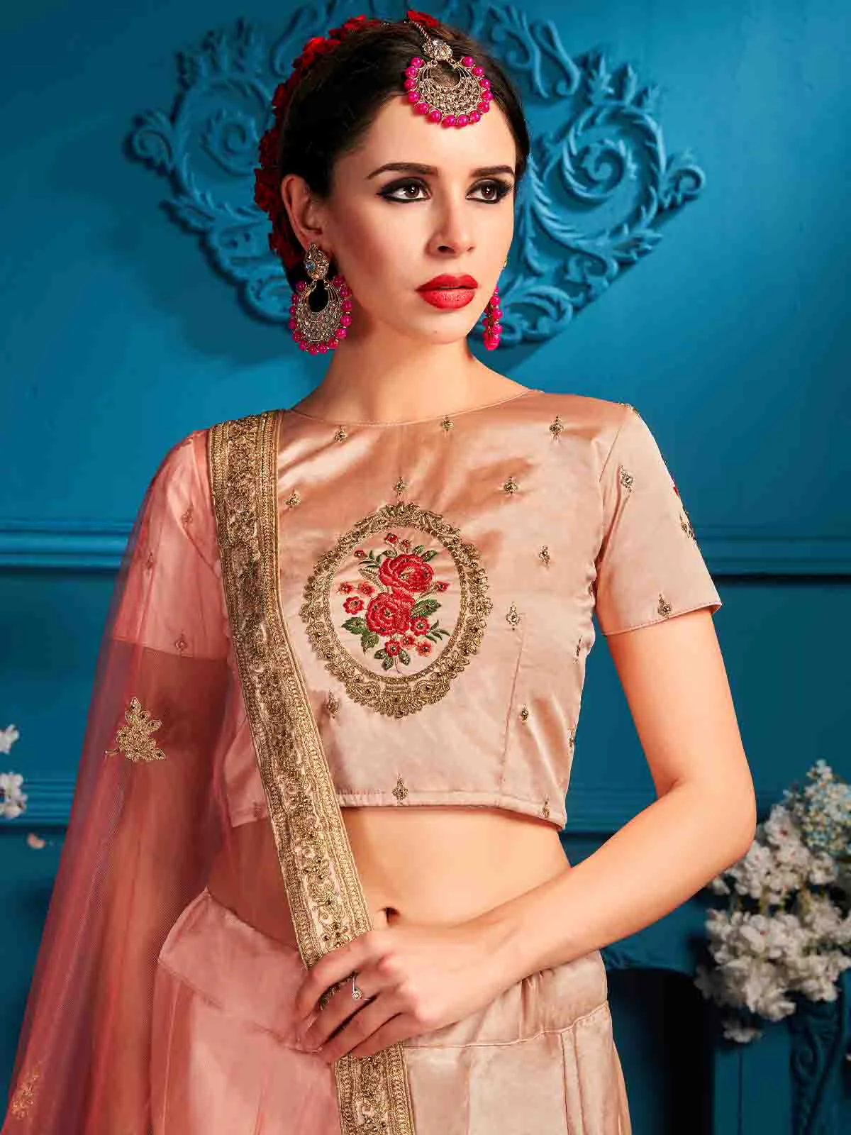 Odette Women Peach Resham,Zari,Stone,Gilter Sequins Semi Stitched Lehenga With Unstitched Blouse - Image 4