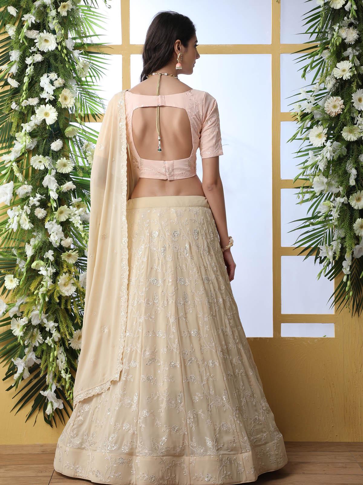 Odette Women Beige Sequins Georgette Semi Stitched Lehenga With  Unstitched Blouse - Image 2