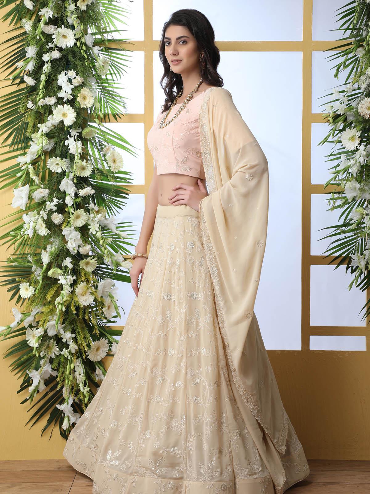 Odette Women Beige Sequins Georgette Semi Stitched Lehenga With  Unstitched Blouse - Image 3