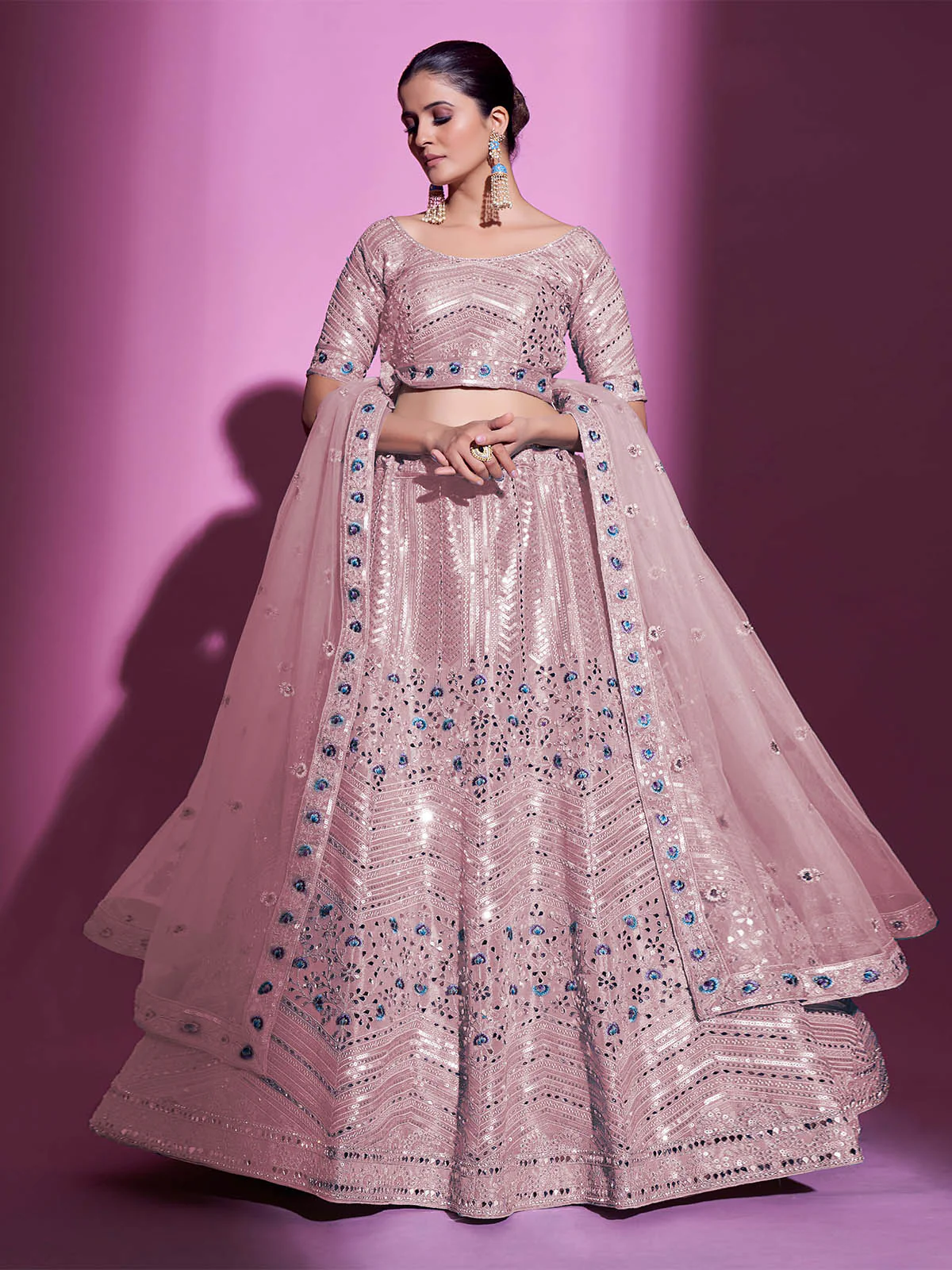 Odette Women Peach Silk Blend Embroidered Semi Stitched Lehenga With Unstitched Blouse - Image 2