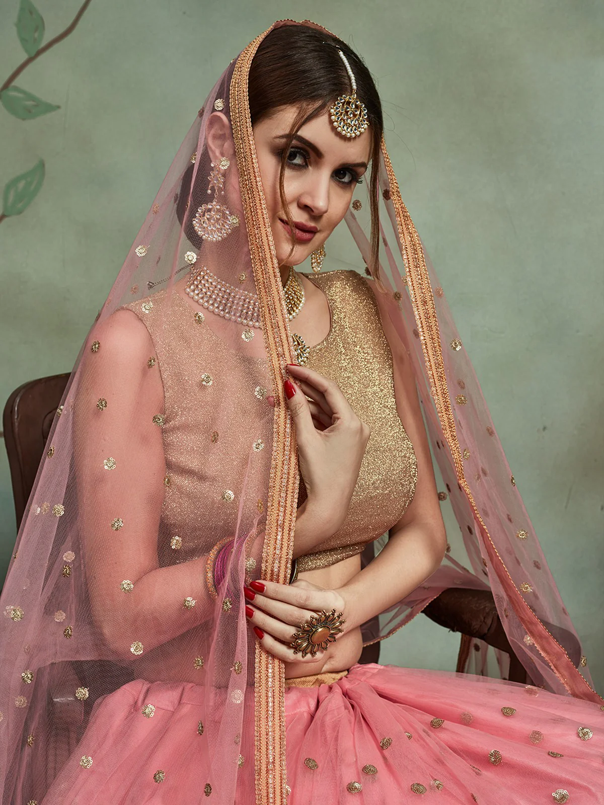 Odette Women Peach Soft Net Seqins Semi Stitched Lehenga With Unstitched Blouse - Image 3