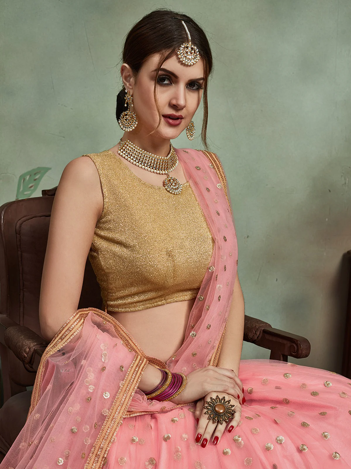 Odette Women Peach Soft Net Seqins Semi Stitched Lehenga With Unstitched Blouse - Image 4