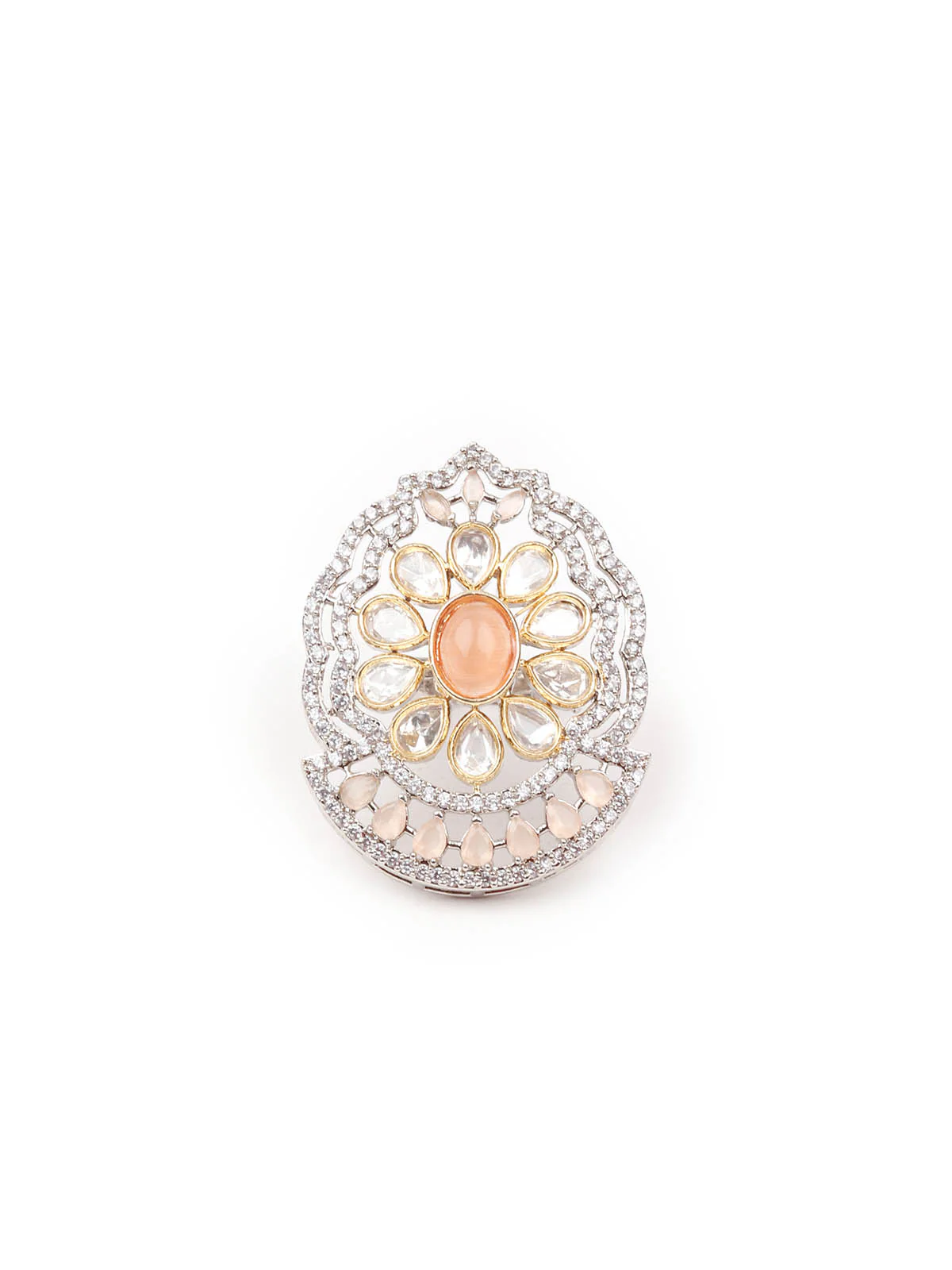 Odette Women Peach Stone Studded Mixed Metal Ring - Image 3