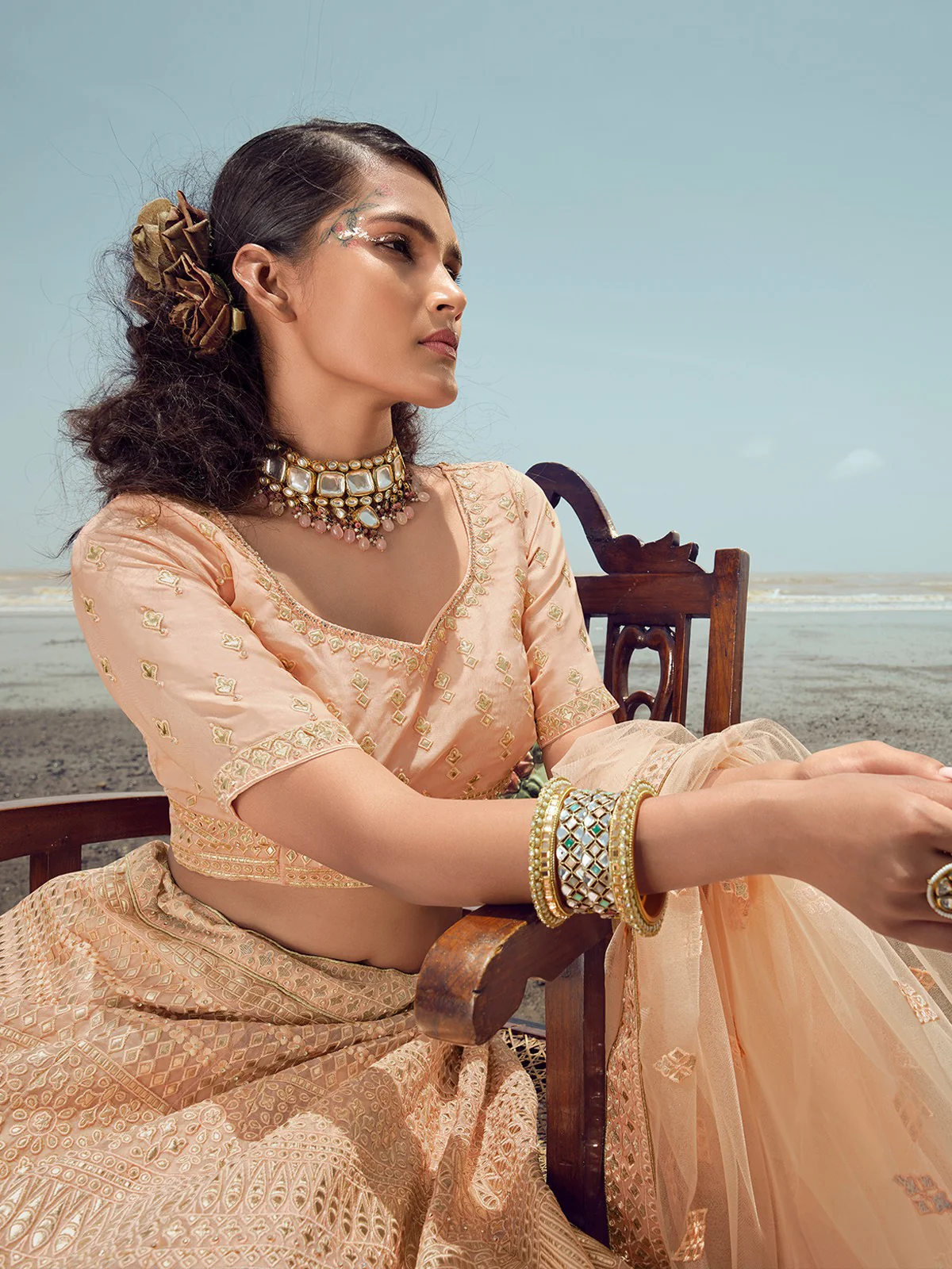 Odette Women Peach Organza Embroidered Semi Stitched Lehenga With Unstitched Blouse - Image 3