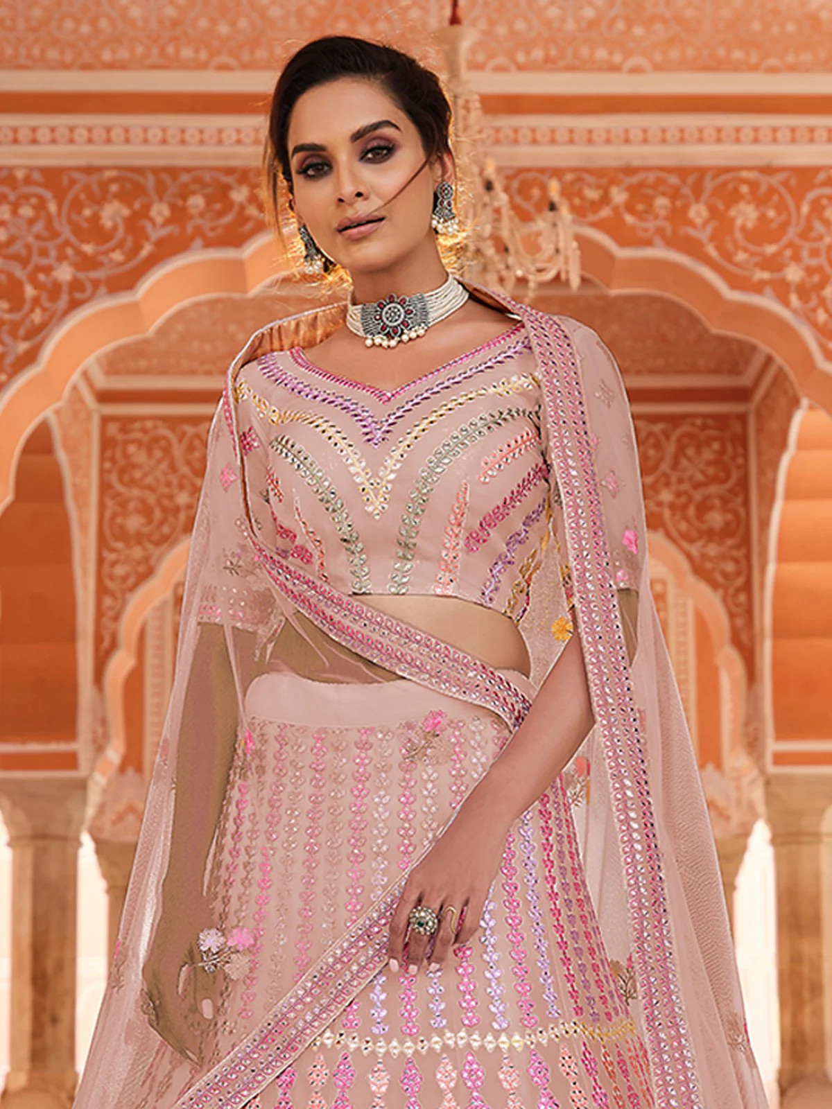 Odette Women Pink Thread, Gota Semi Stitched Lehenga With Unstitched Blouse - Image 2