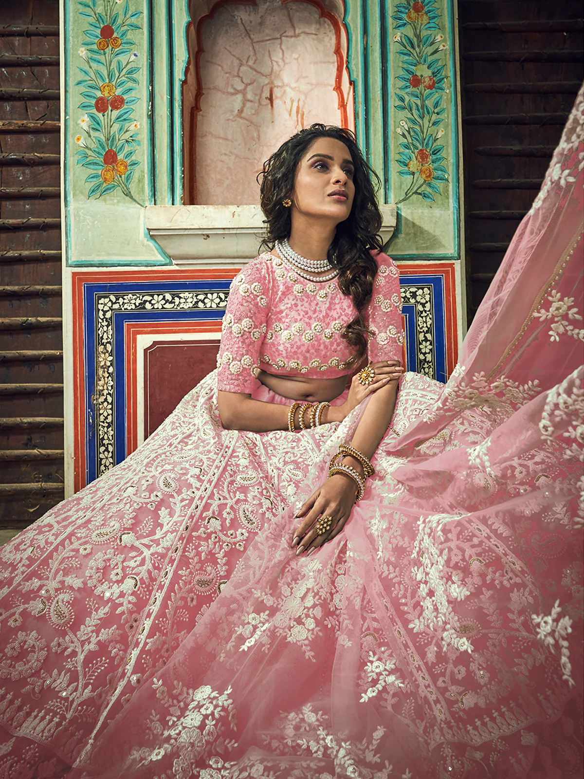 Odette Women Pink Embroidered Soft Net Semi Stitched Lehenga With Unstitched Blouse - Image 3