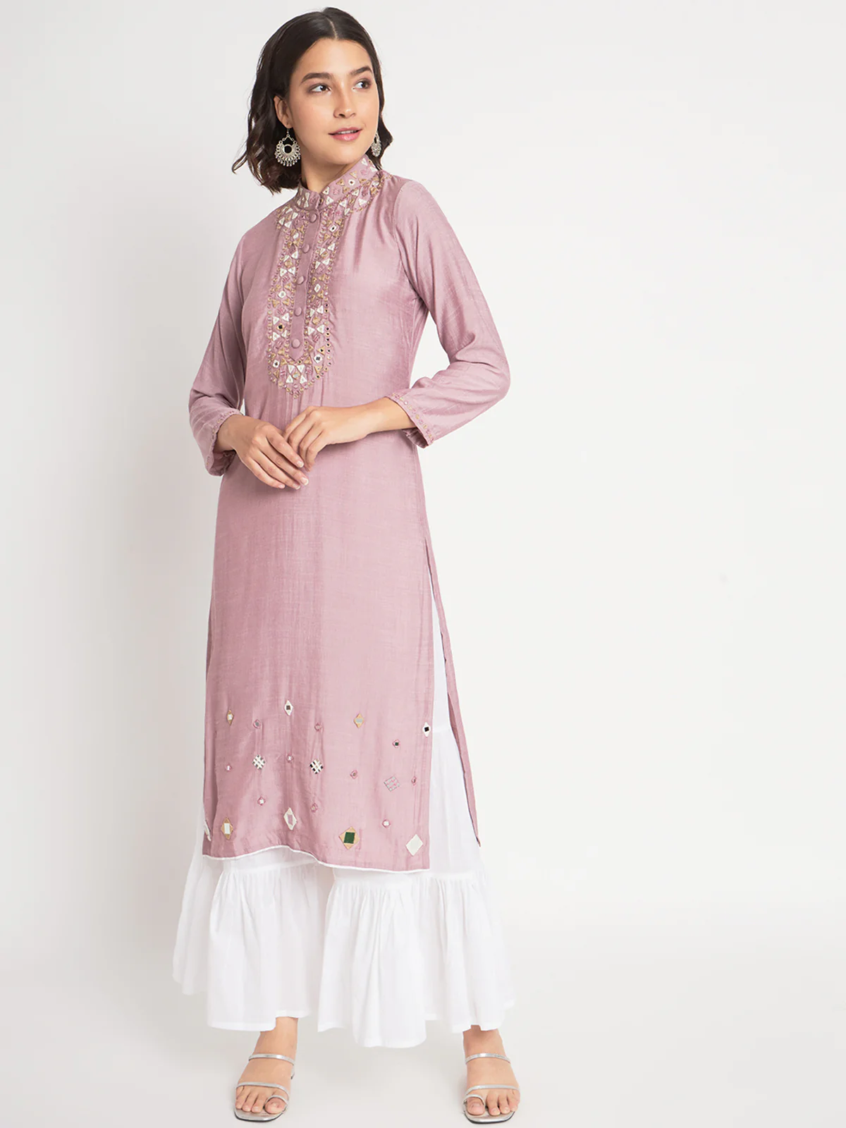 Odette Women Peach Viscose Embroidered Stitched Kurta Set - Image 2