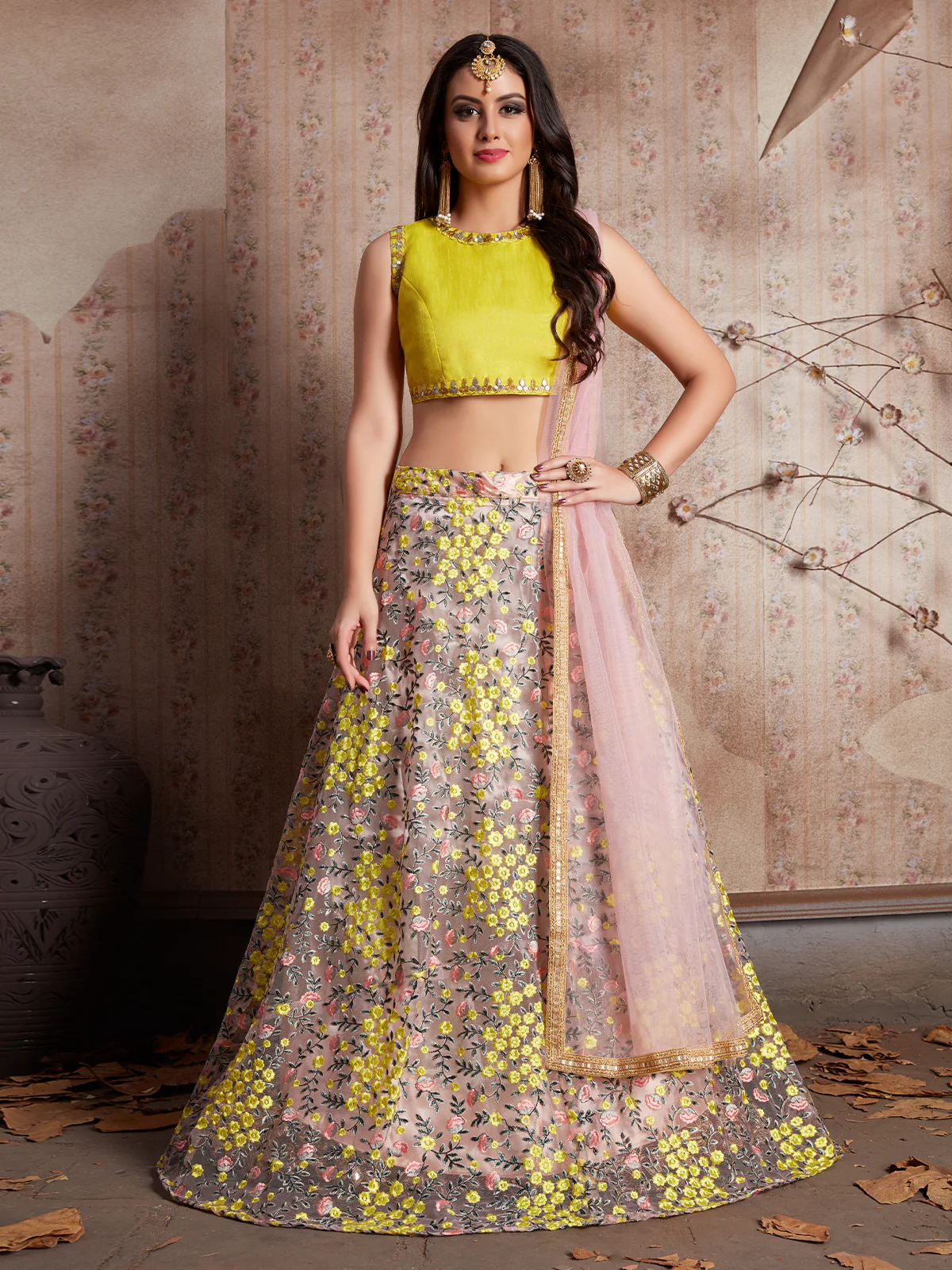 Odette Women Peach Embroidered Semi Stitched Lehenga With Unstitched Blouse - Image 3