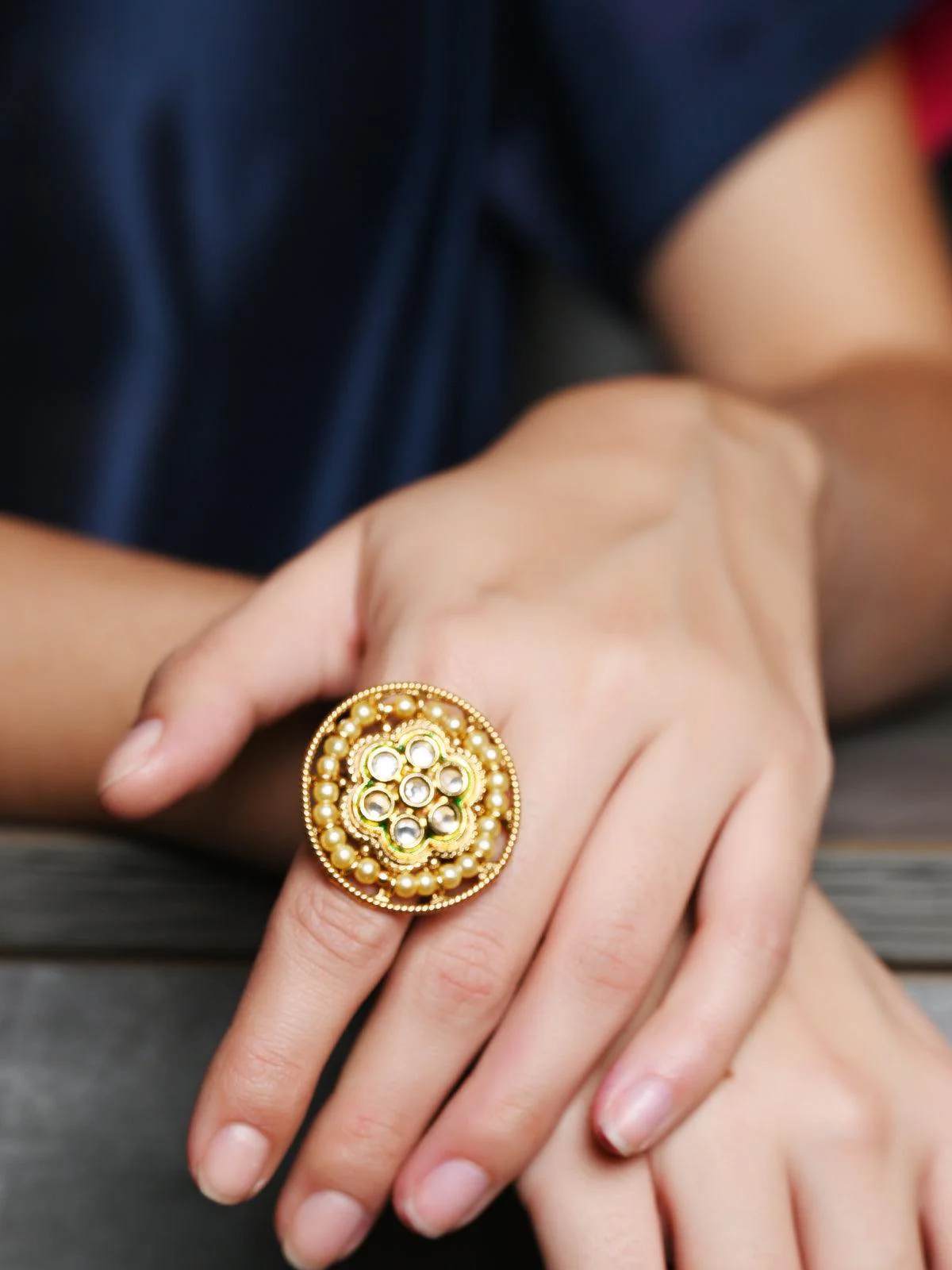Odette Women Pearl Kundan Adjustable Finger Ring - Image 2
