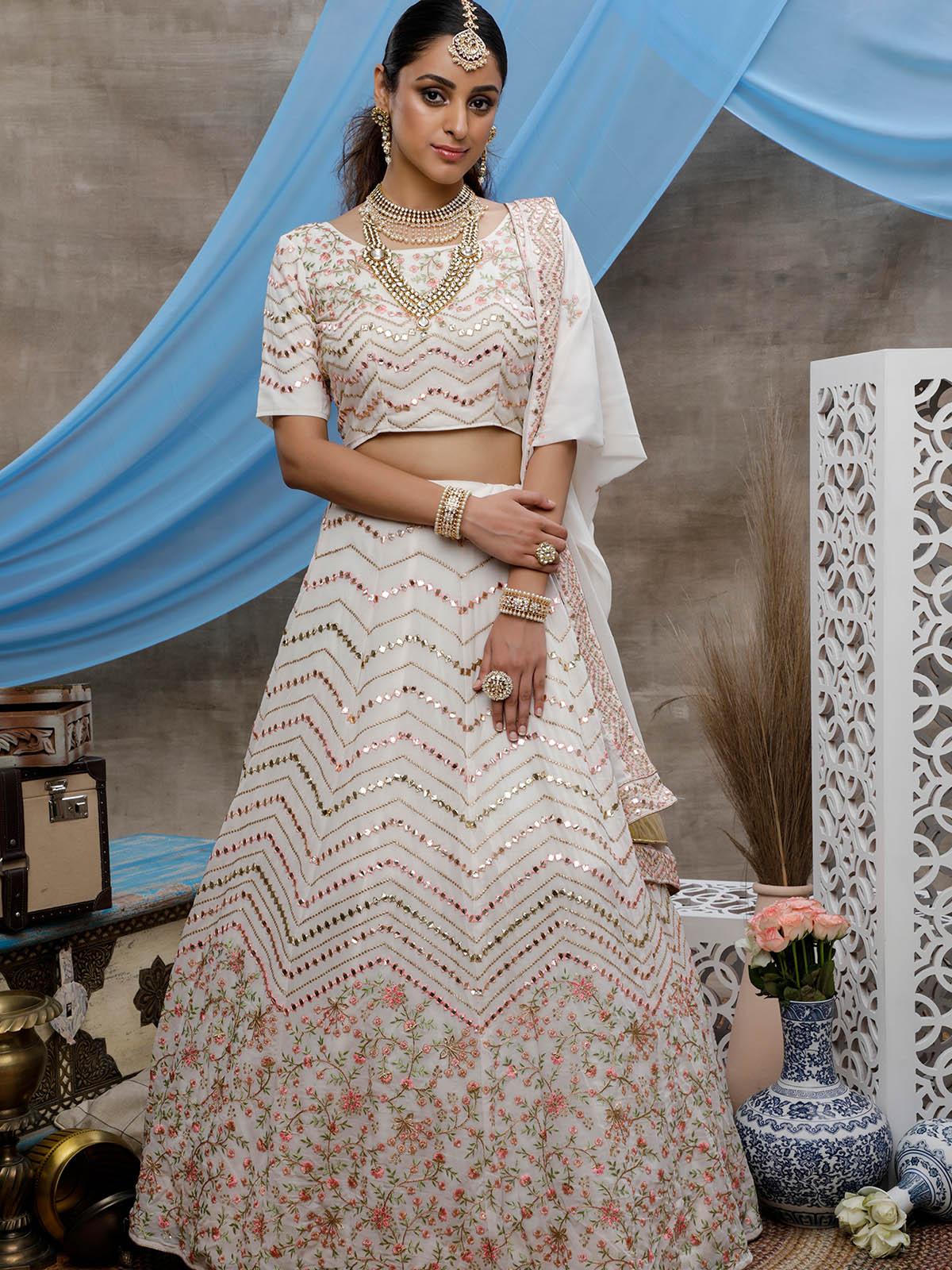 Odette Women Pearl White Georgette Semi Stitched Lehenga With  Unstitched Blouse - Image 3