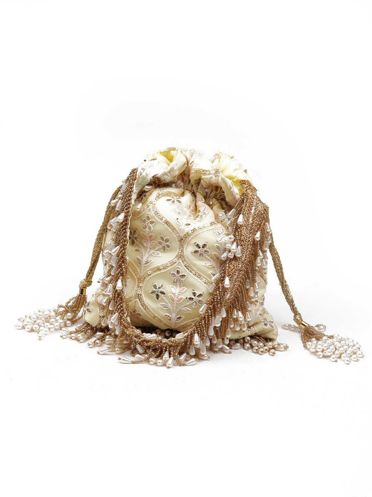 Odette Women Pearls Embellished Yellow Potli Bag - Image 3