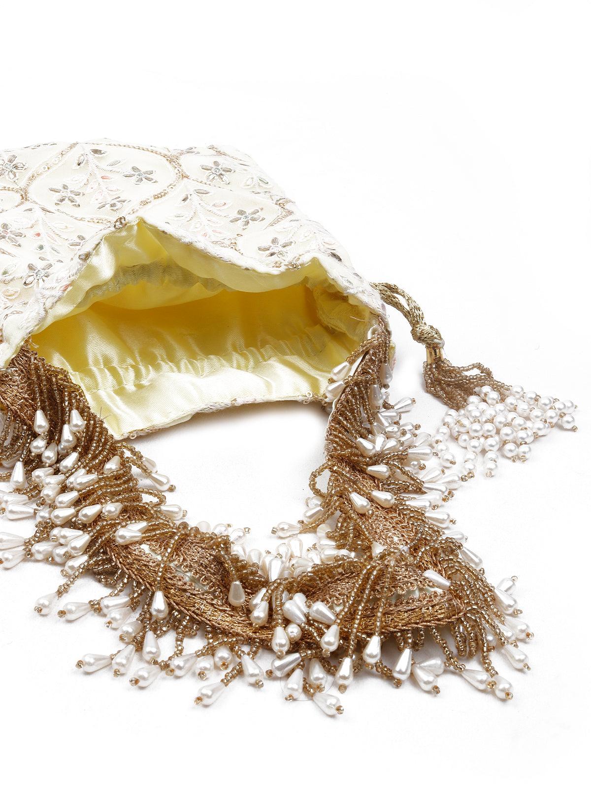 Odette Women Pearls Embellished Yellow Potli Bag - Image 6