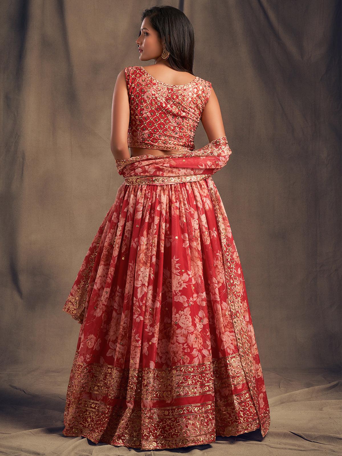 Odette Women Red Poly Georgette Lehenga With Blouse - Image 4