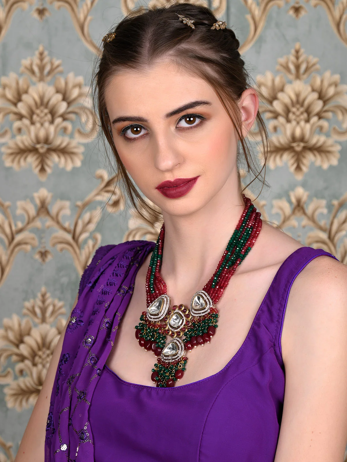 Odette Women Red And Green Beads Choker Necklace Set - Image 2
