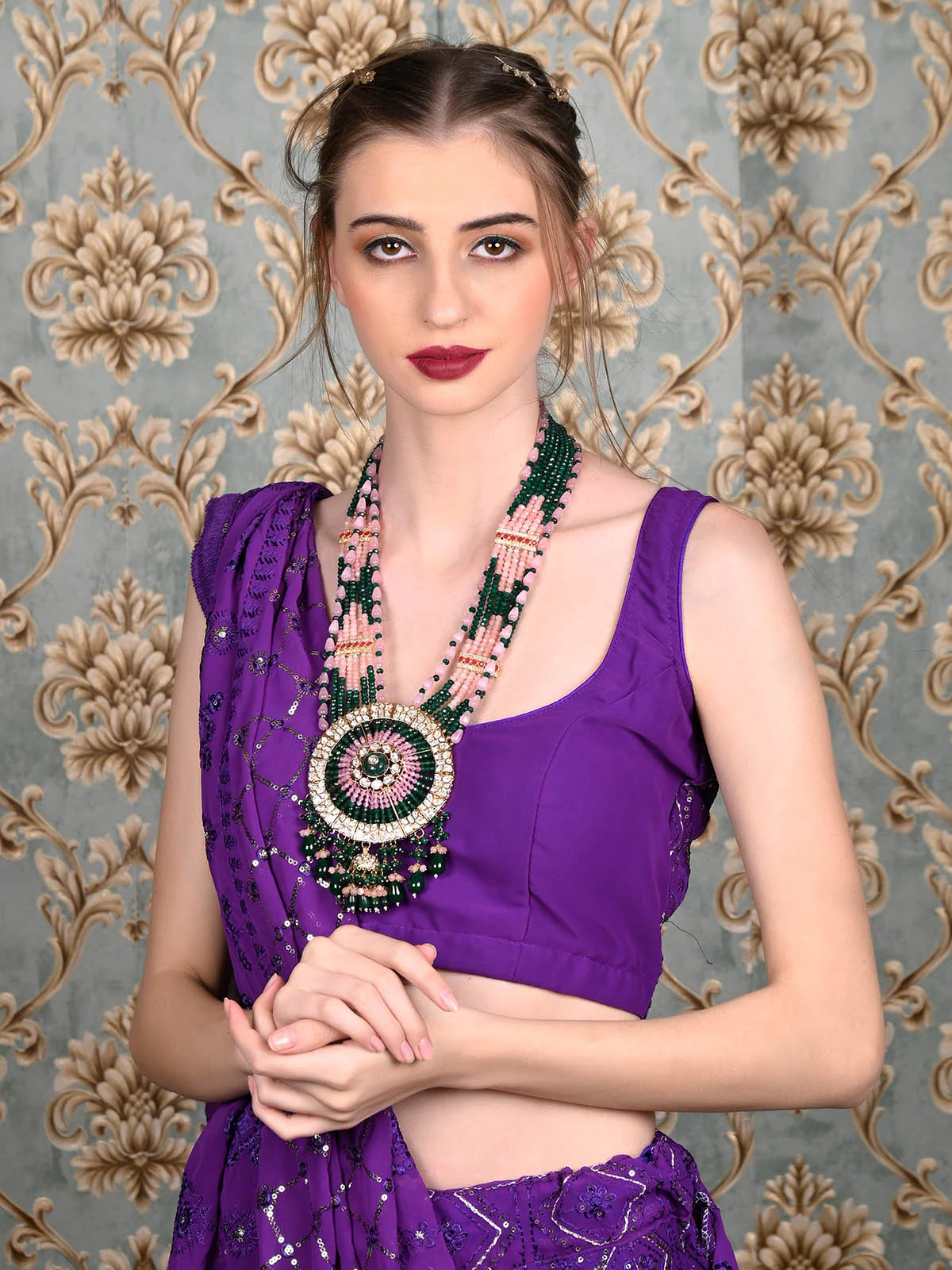 Odette Women Pink And Green Long Necklace Set - Image 2