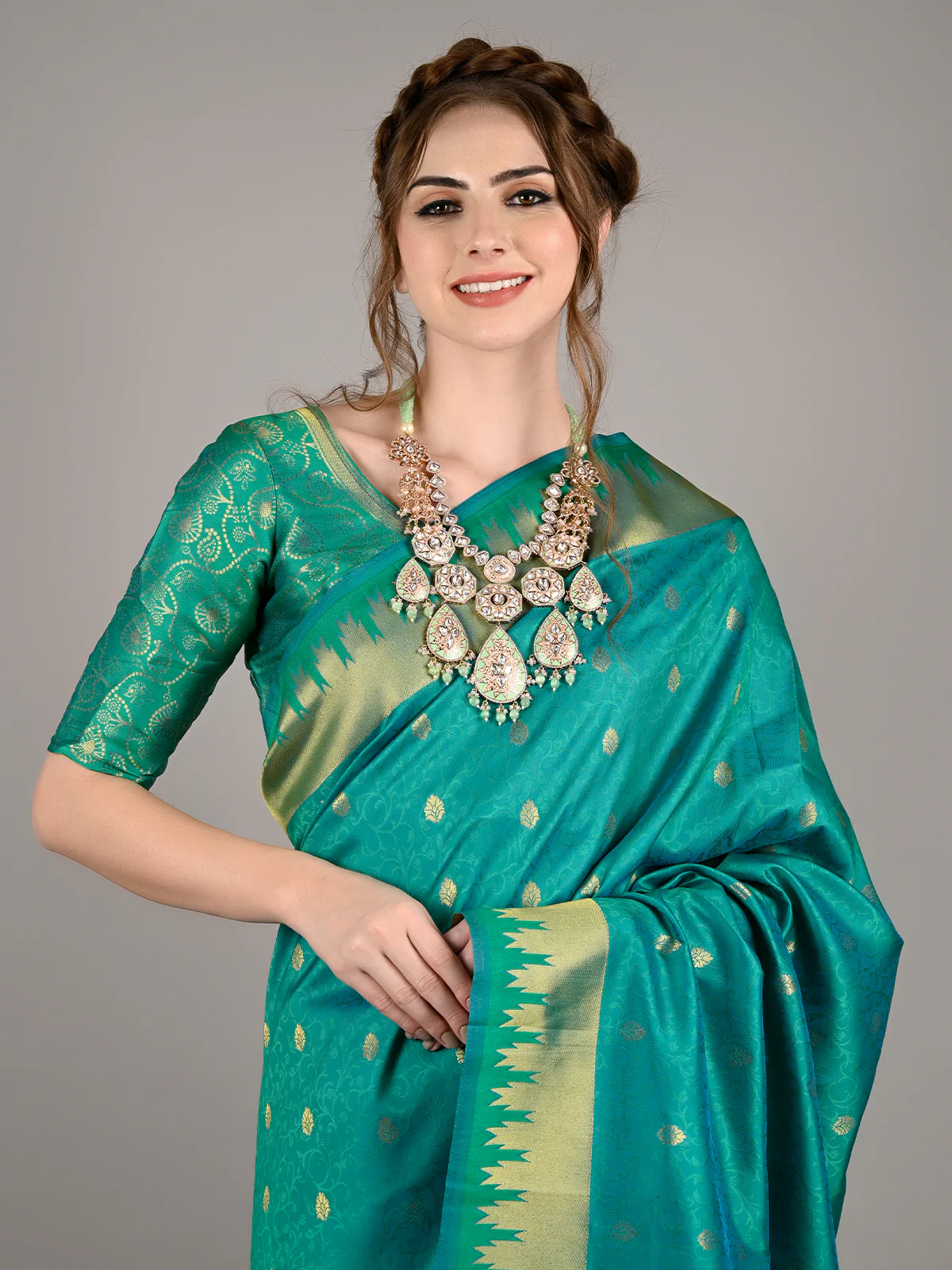 Odette Women Pink And Green Long Necklace Set - Image 2