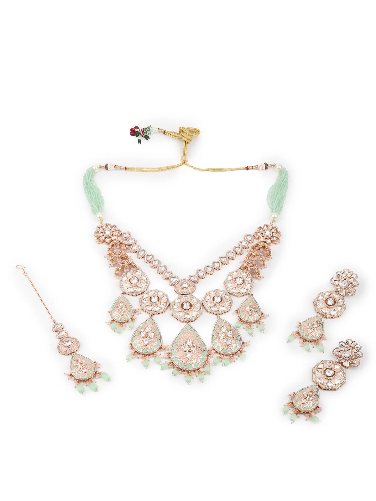 Odette Women Pink And Green Long Necklace Set - Image 3