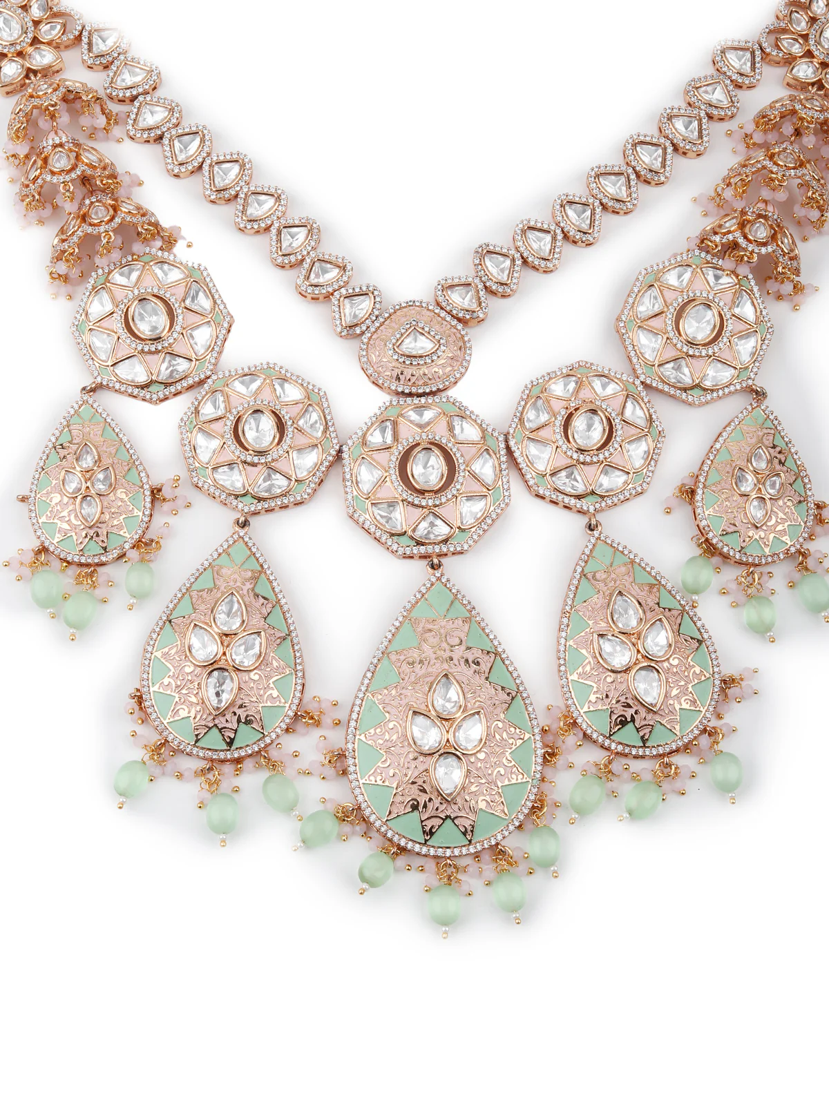 Odette Women Pink And Green Long Necklace Set - Image 4