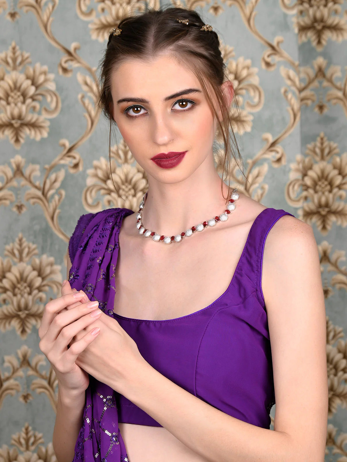 Odette Women Pink And White Choker Necklace Set - Image 2