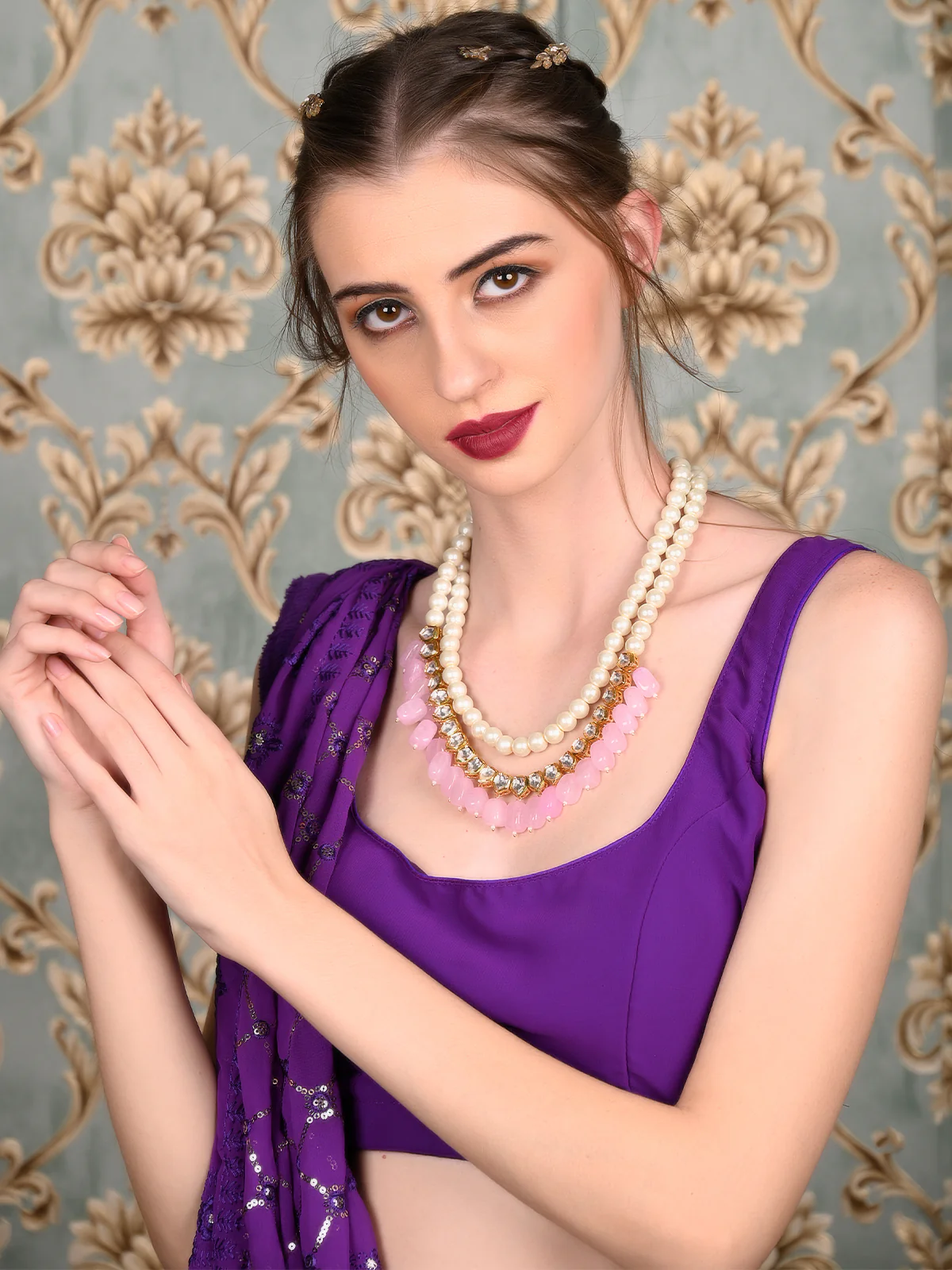 Odette Women Pink And White Long Necklace Set - Image 2