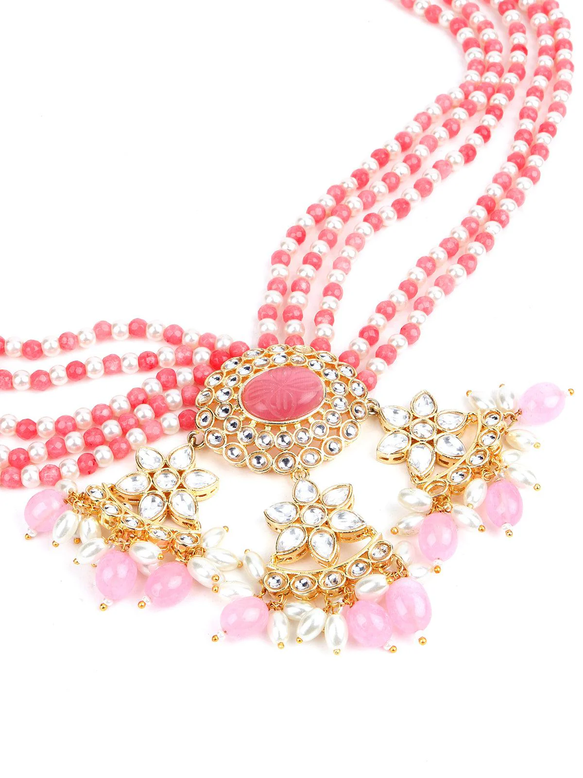 Odette Women Pink And White Multi Layered Kundan Necklace - Image 4