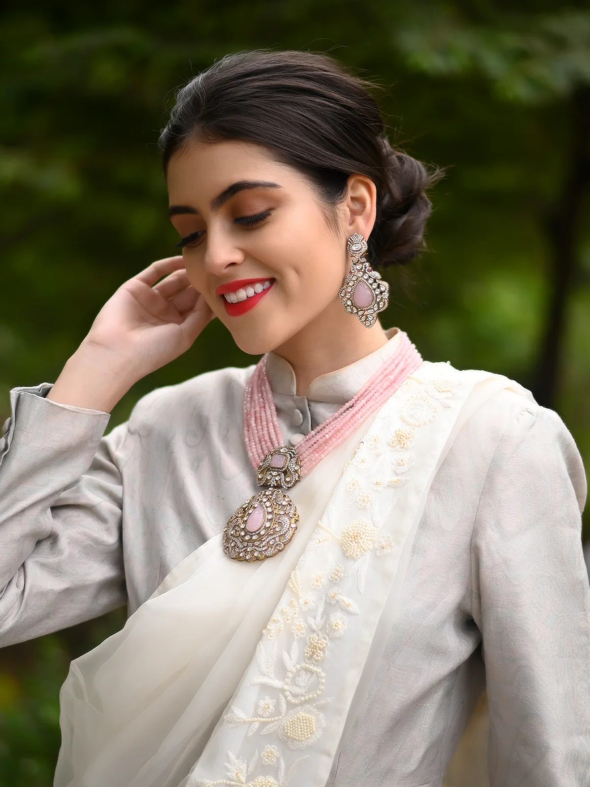 Odette Women Pink Antique Long Necklace Set - Image 2