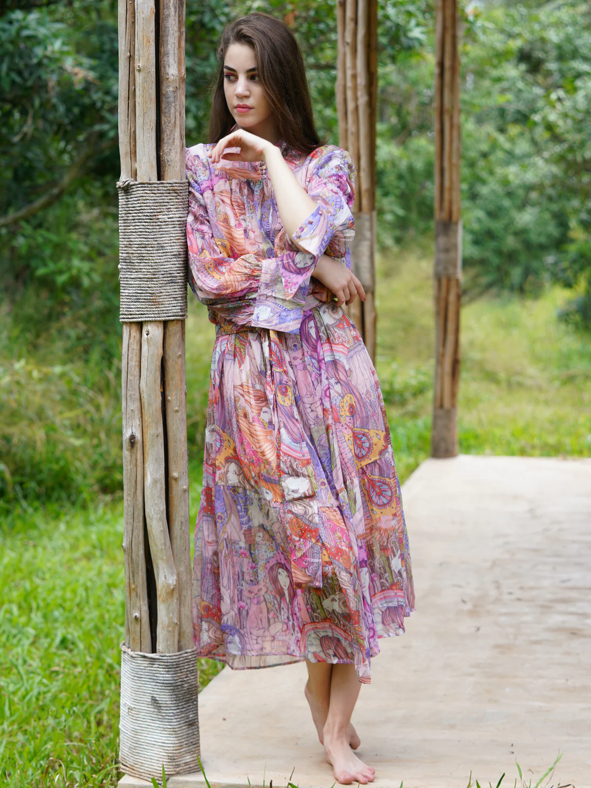 Odette Women Pink Chiffon Printed Long Belted Stitched Dress - Image 2