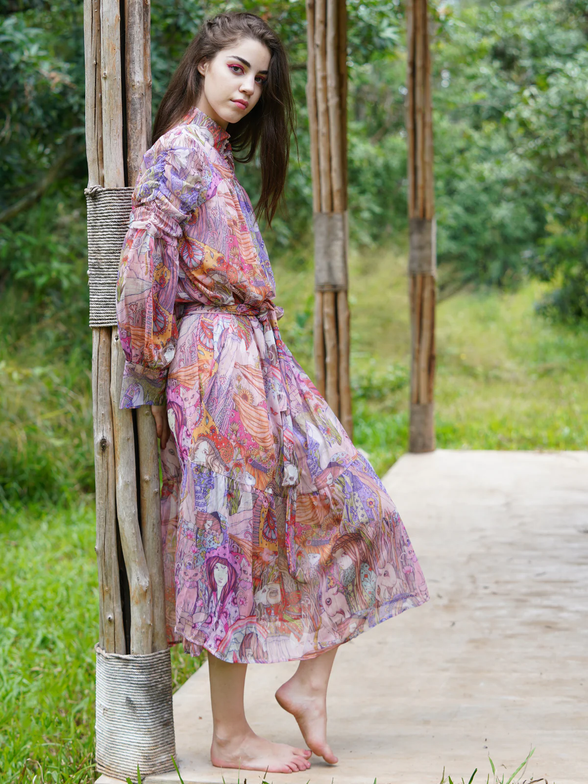 Odette Women Pink Chiffon Printed Long Belted Stitched Dress - Image 3