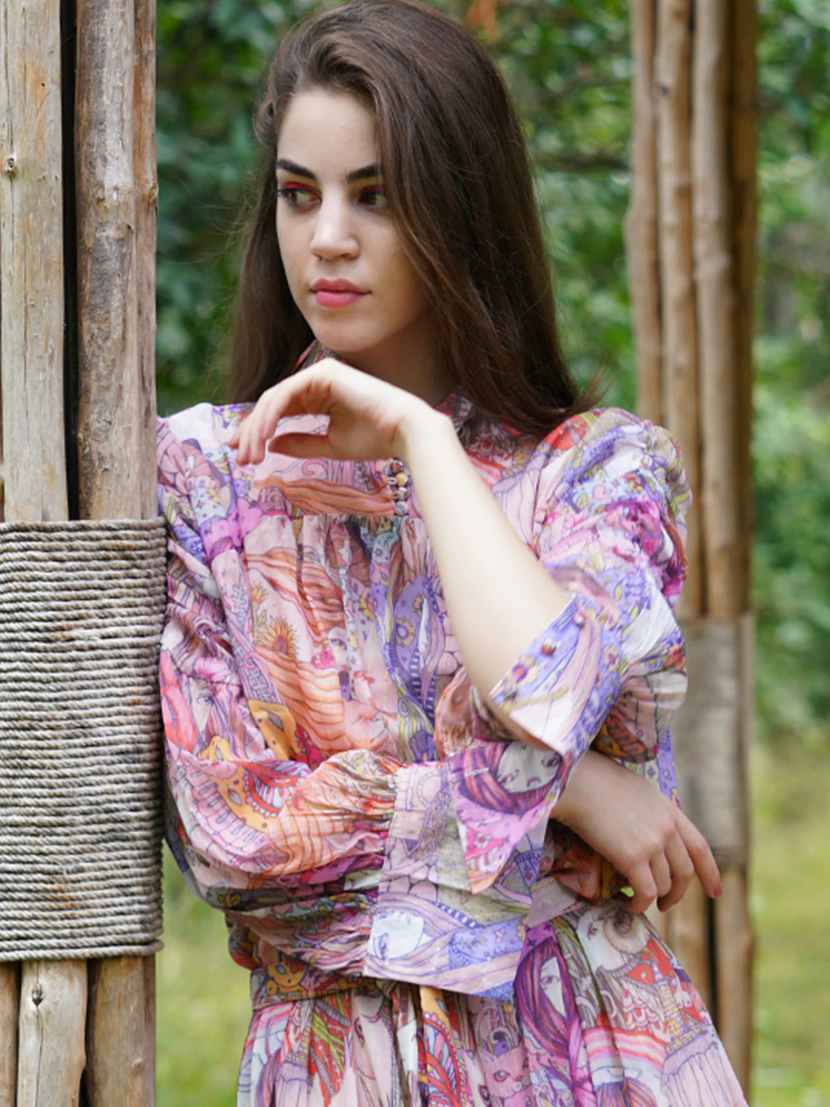 Odette Women Pink Chiffon Printed Long Belted Stitched Dress - Image 5