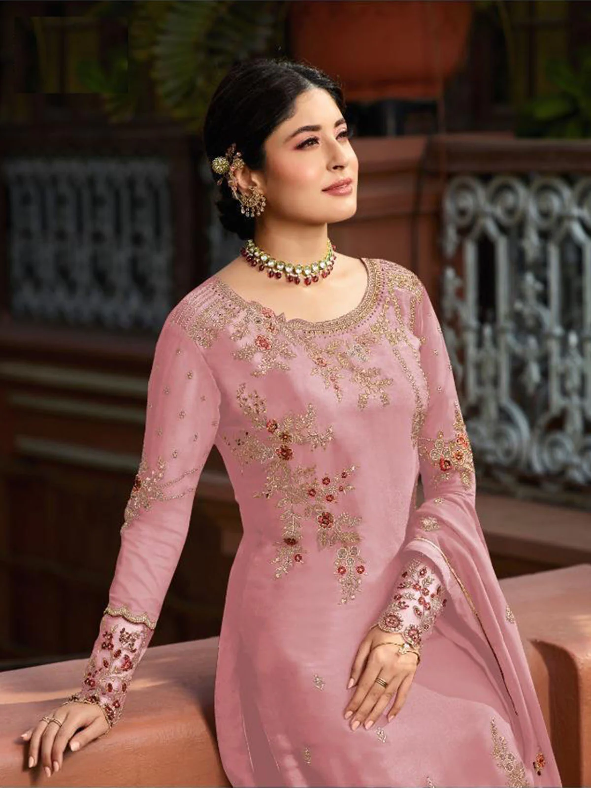 Odette Women Pink Color Georgette Straight Semi Stitched Salwar Kameez - Image 2