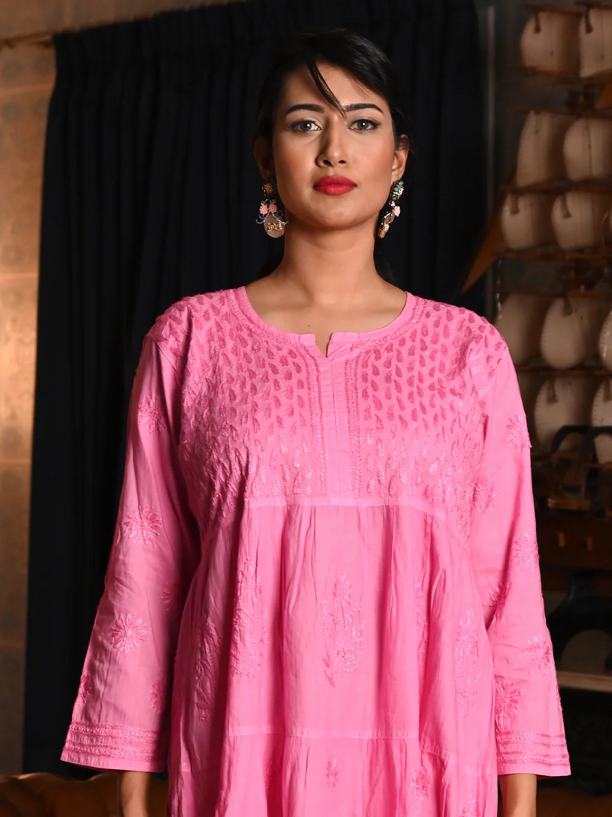 Odette Women Pink Cotton Chikankari Embroidered Stitched Dress - Image 4
