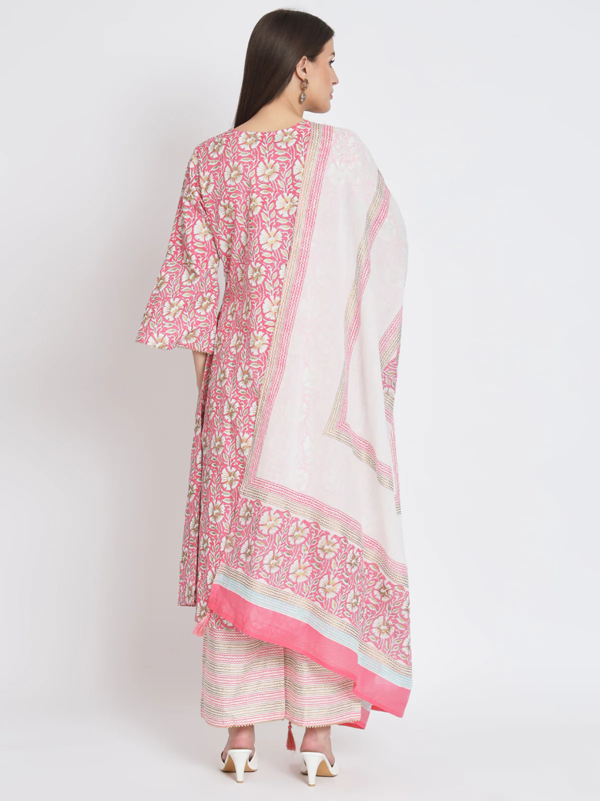 Odette Women Pink Cotton Floral Printed Stitched Kurta Set - Image 4
