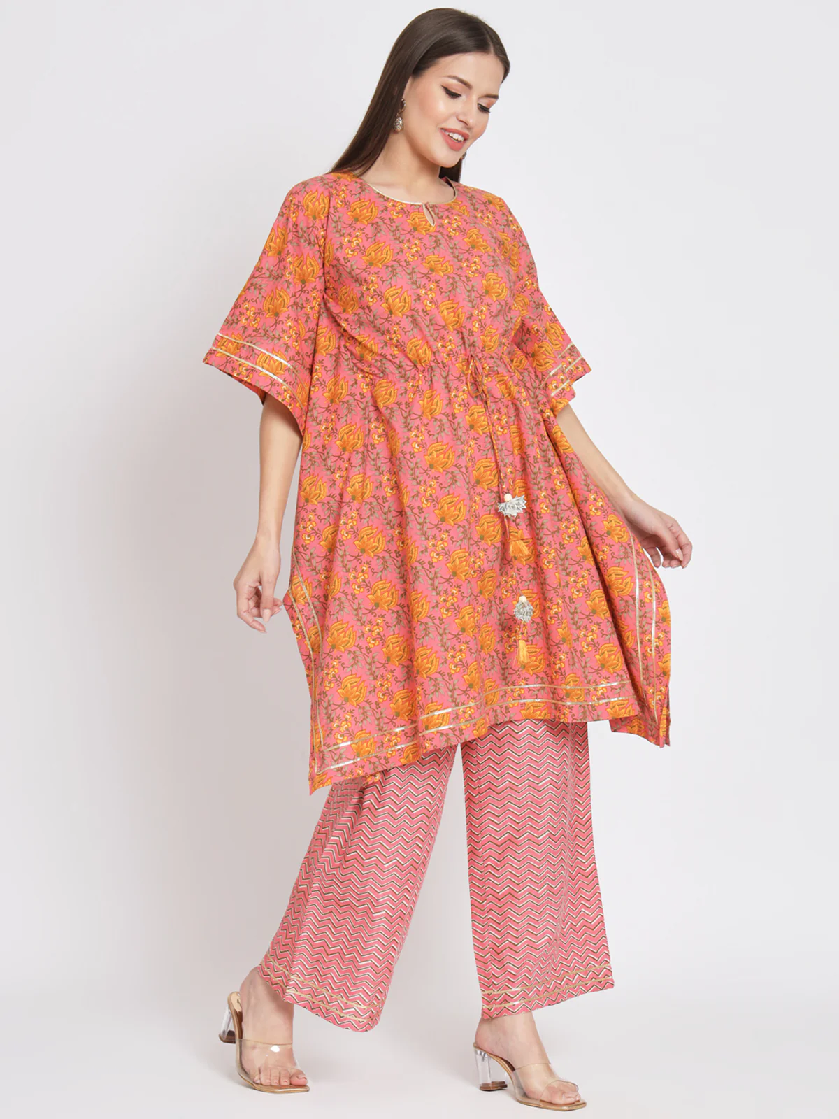 Odette Women Pink Cotton Floral Printed Stitched Kurta Set - Image 4