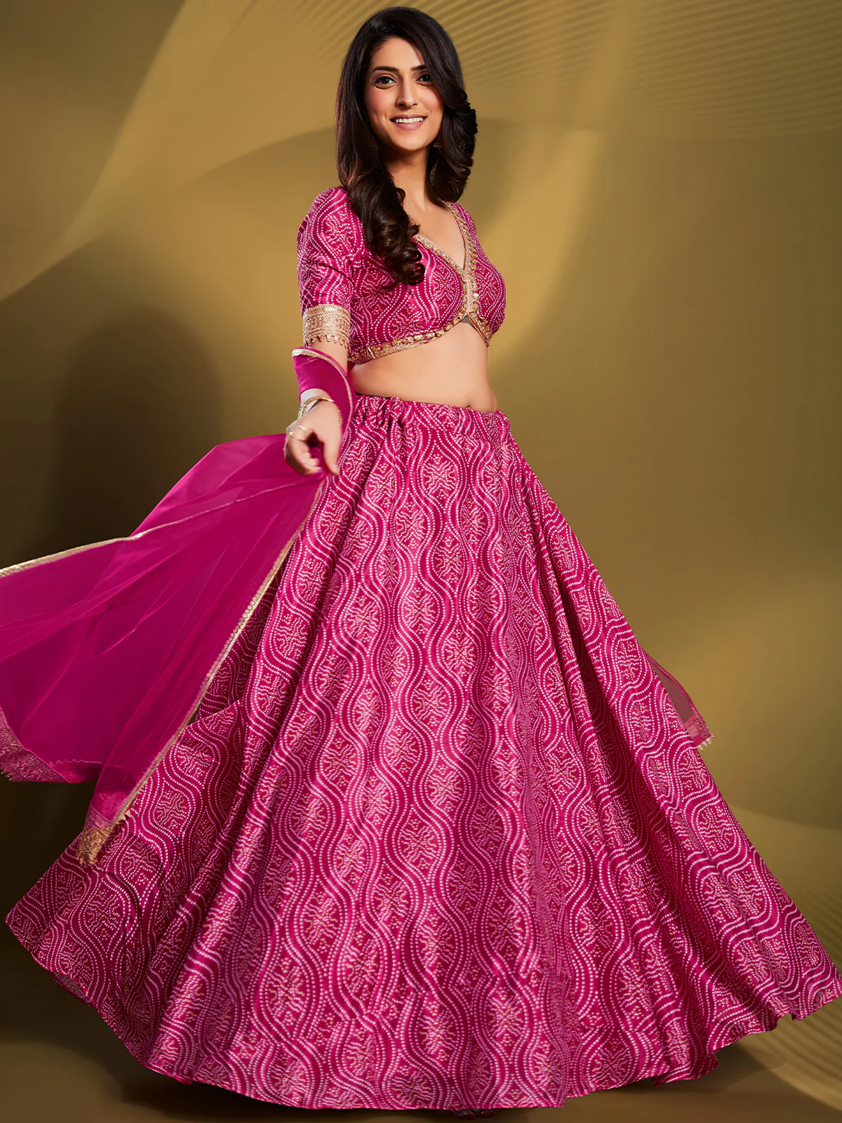 Odette Women Pink Crepe Bandhani Print Semi Stitched Lehenga Choli - Image 5