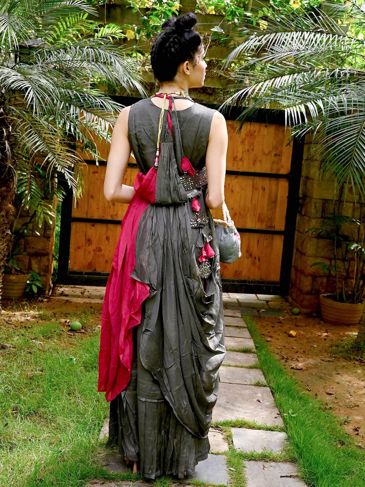 Odette Women Pink Crepe Indo-Western Dress - Image 4