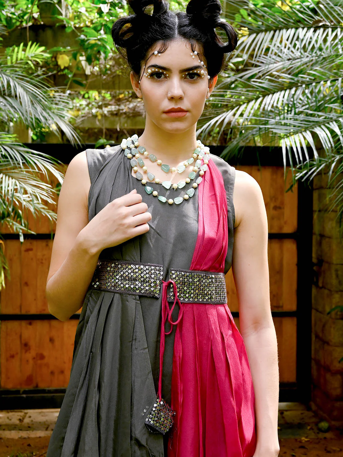 Odette Women Pink Crepe Indo-Western Dress - Image 5