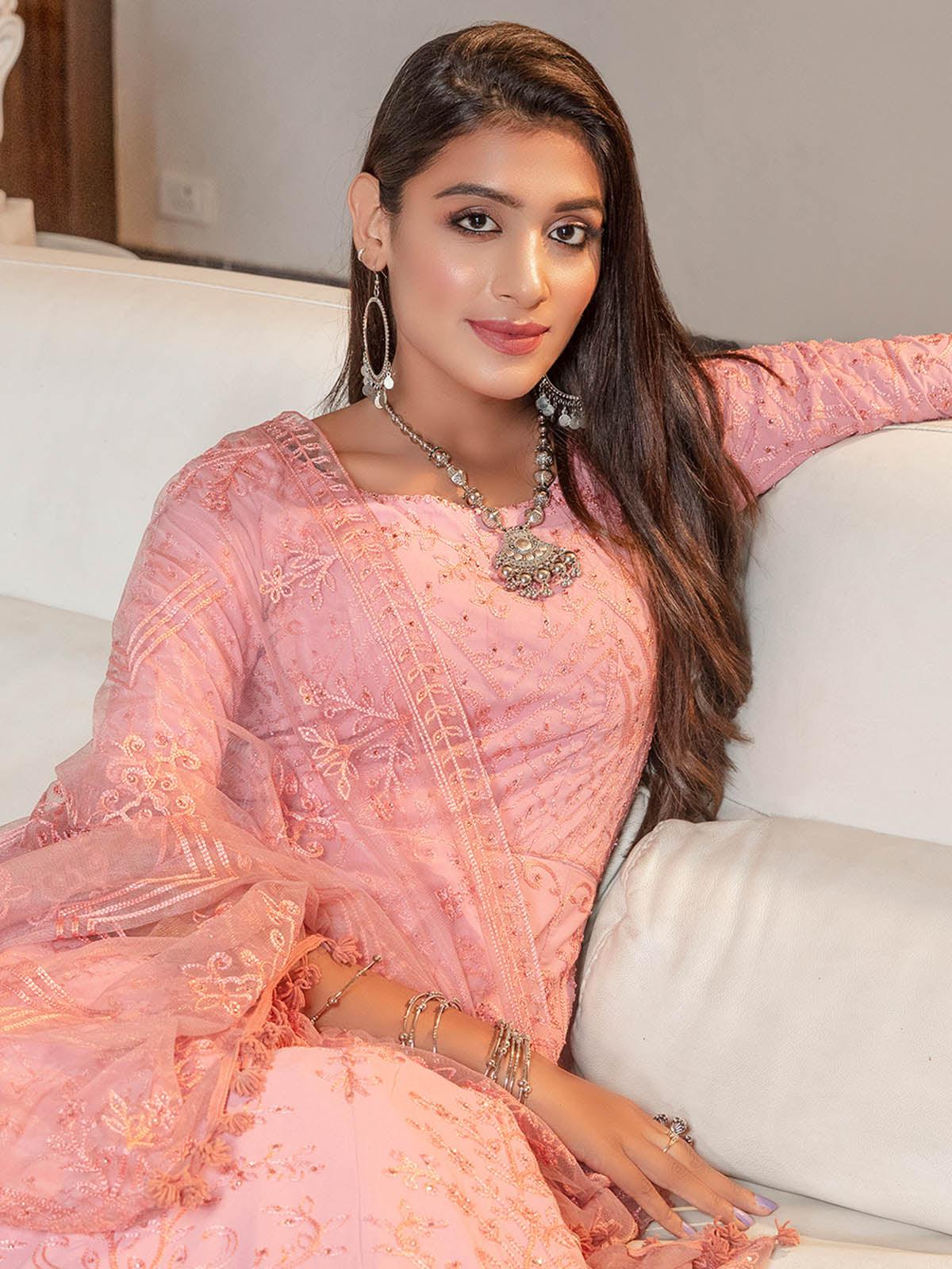 Odette Women Pink Diamond Georgette Semi Stitched Anarkali - Image 3