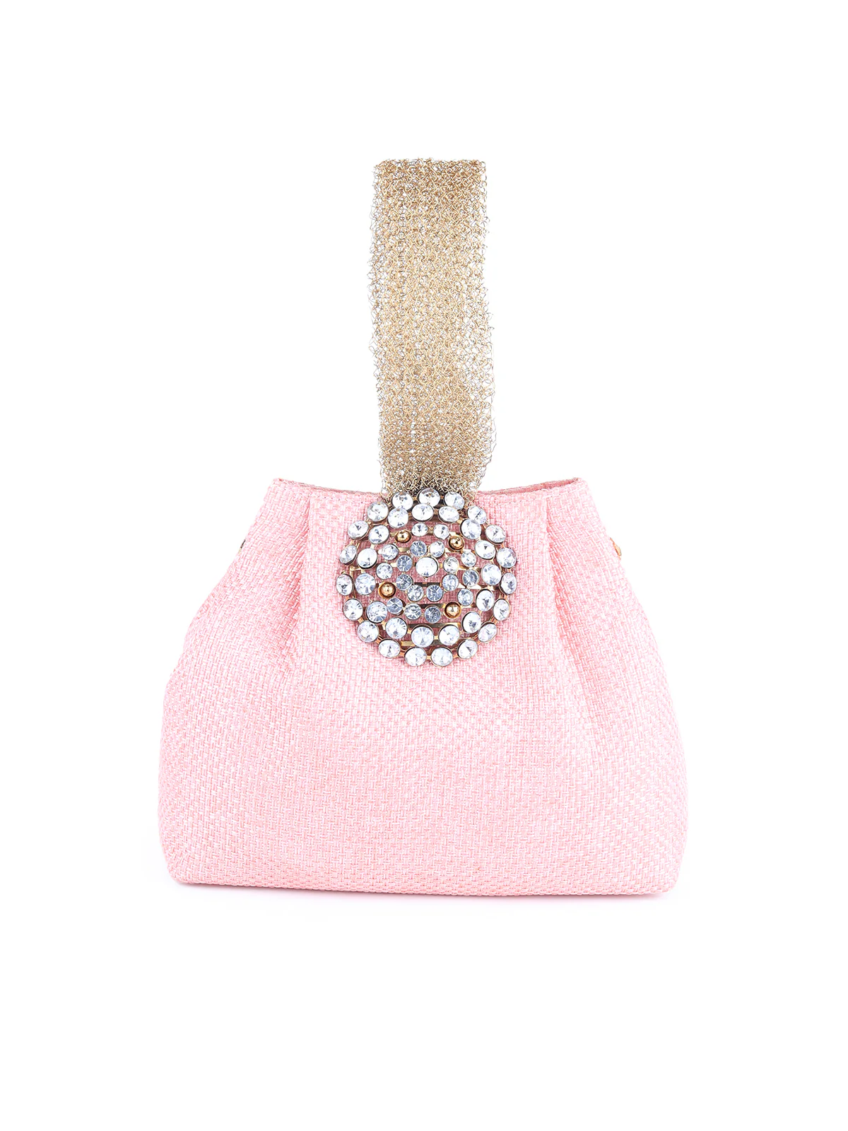 Odette Women Pink Embellished Clutch Bag With Golden Mesh Handle - Image 3