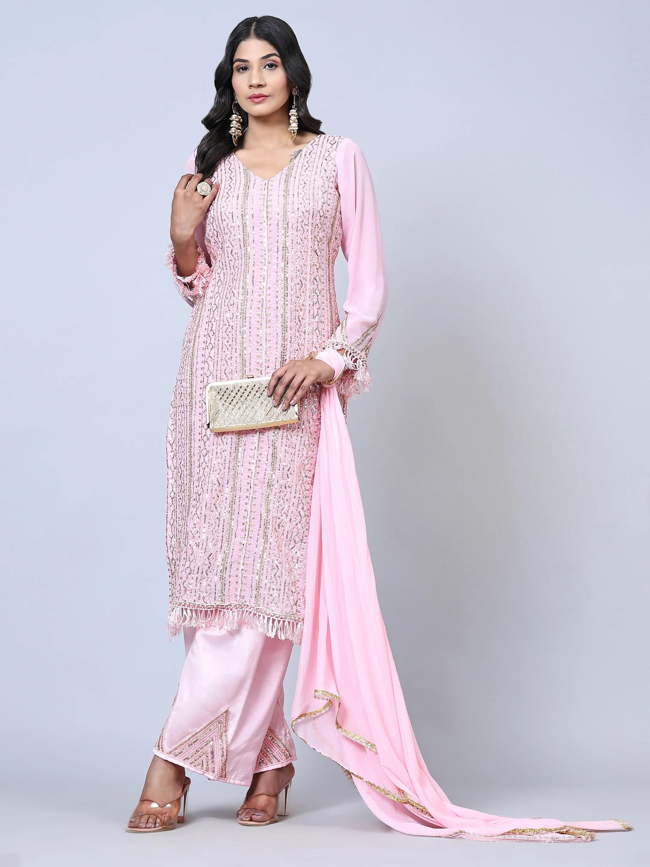 Odette Women Pink Embellished With Embroidered Georgette Semi Stitched Suit - Image 2