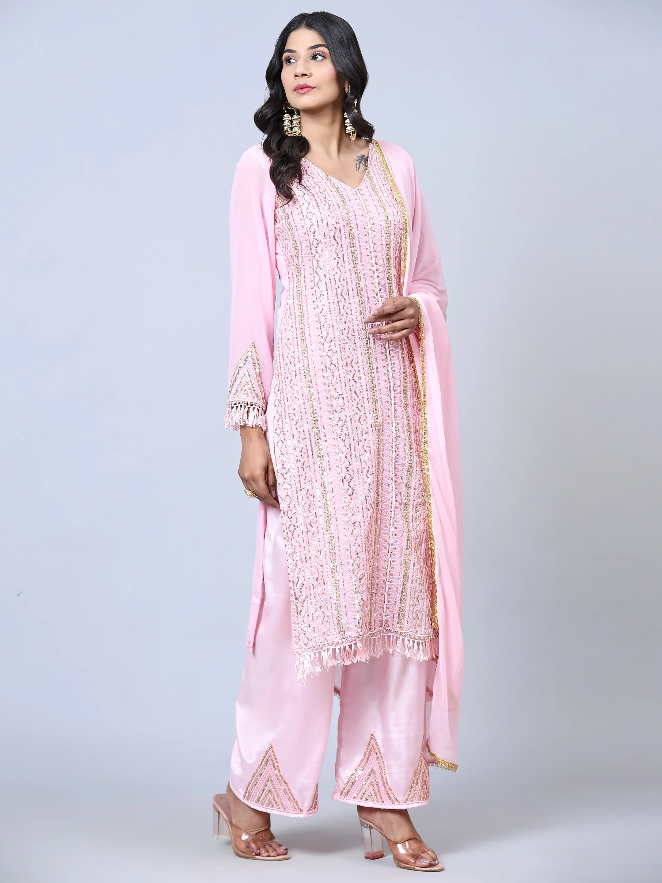 Odette Women Pink Embellished With Embroidered Georgette Semi Stitched Suit - Image 3