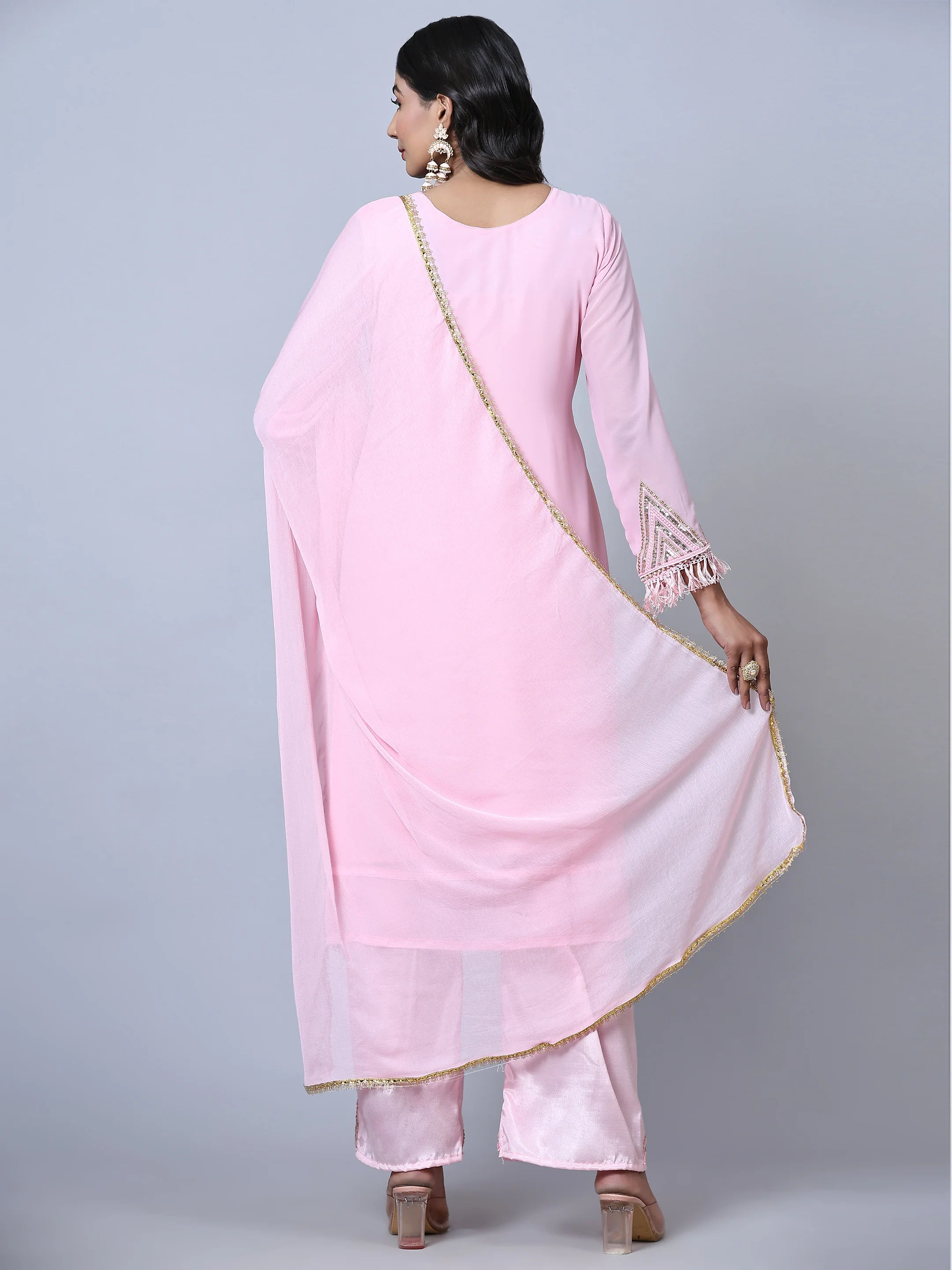 Odette Women Pink Embellished With Embroidered Georgette Semi Stitched Suit - Image 6