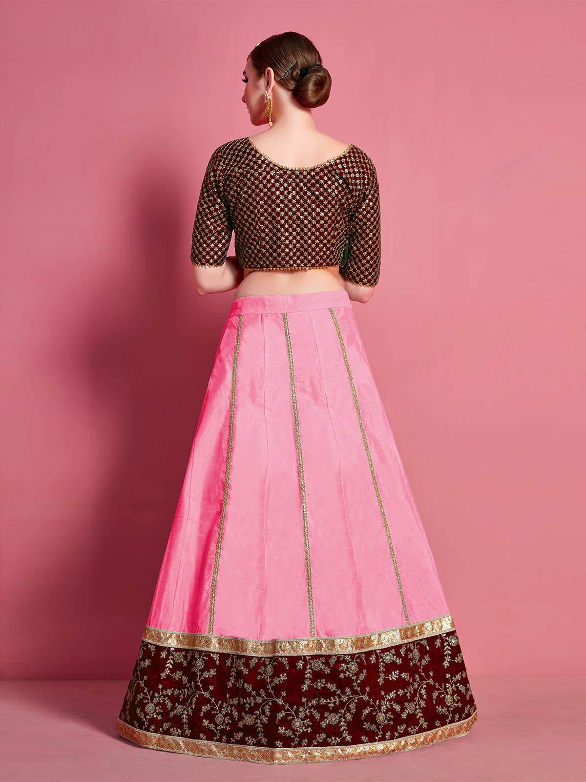 Odette Women Pink Embroidered Semi Stitched Lehenga With Unstitched Blouse - Image 3