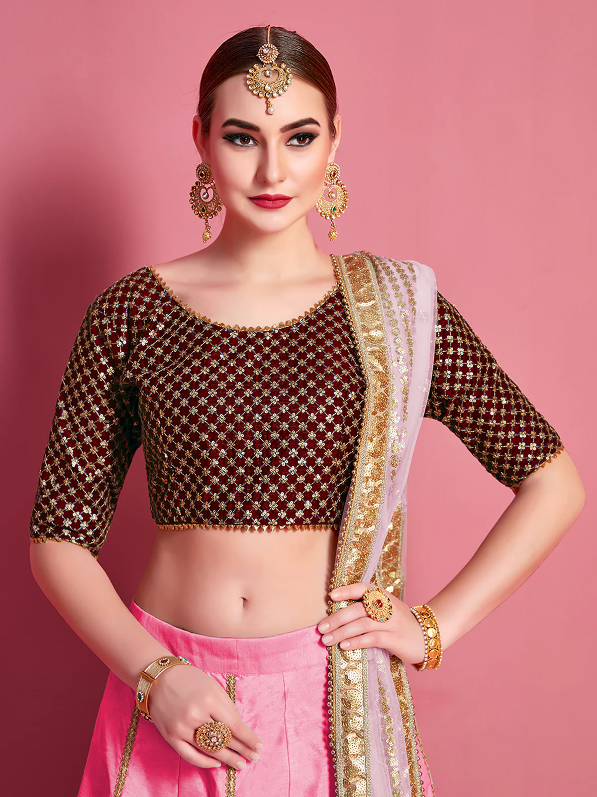 Odette Women Pink Embroidered Semi Stitched Lehenga With Unstitched Blouse - Image 4