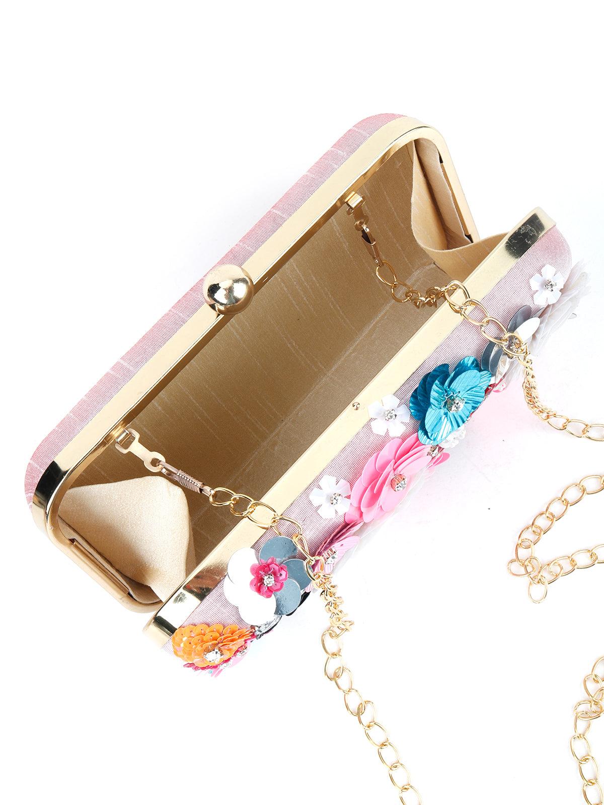 Odette Women Powder Pink Floral Embellished Sequin Multicolour Clutch - Image 4