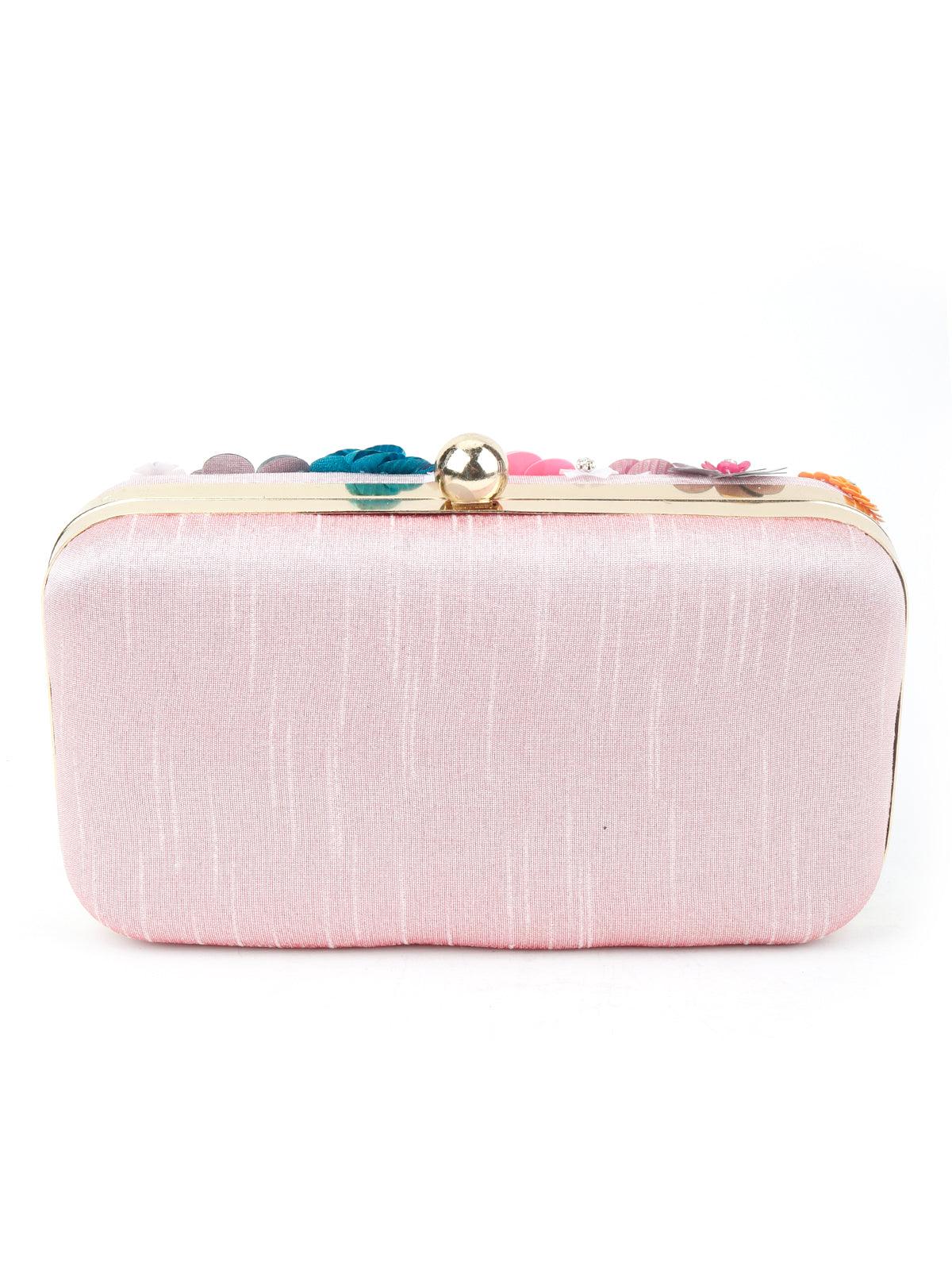 Odette Women Powder Pink Floral Embellished Sequin Multicolour Clutch - Image 6