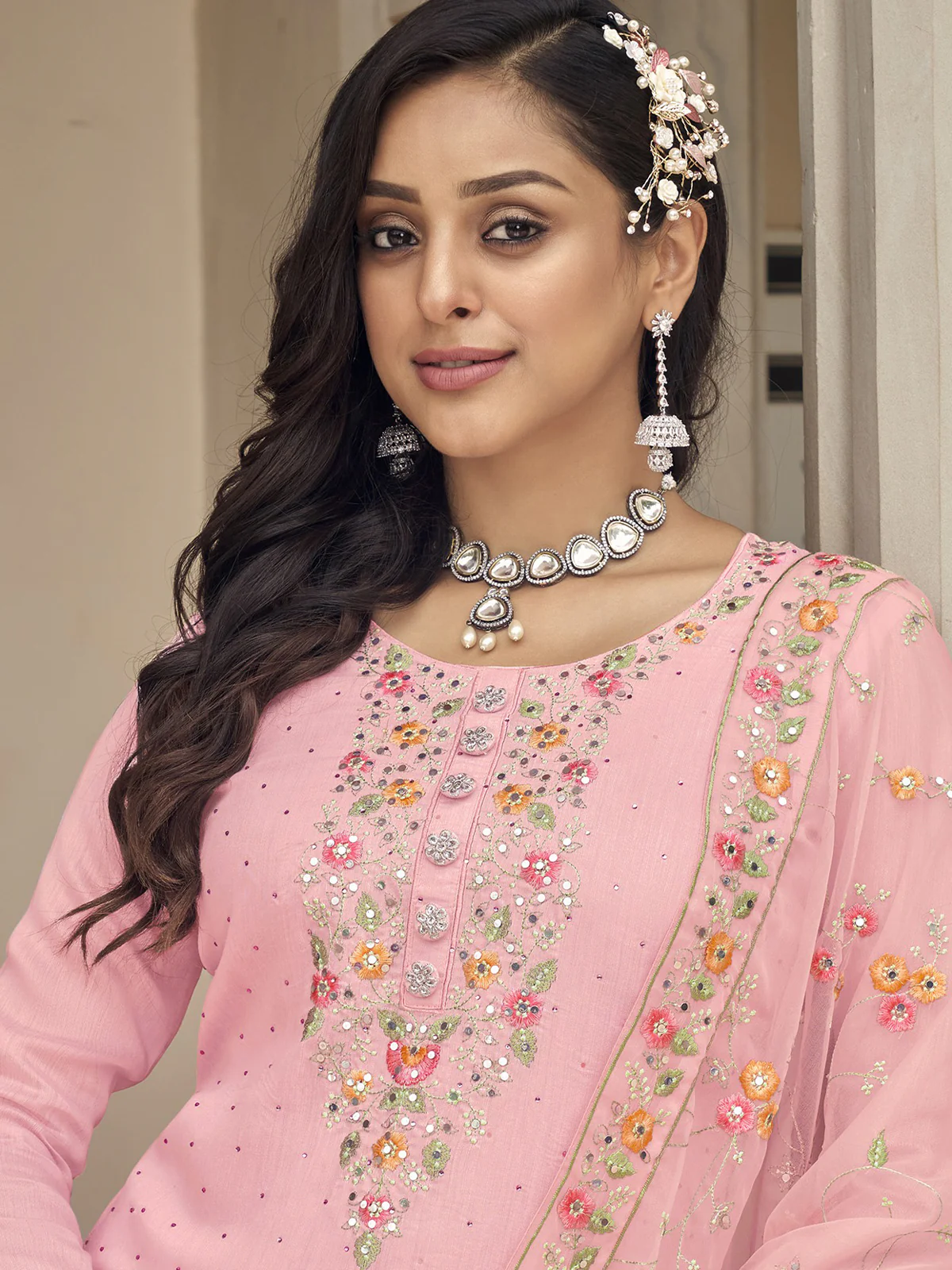Odette Women Pink Floral Embroidered Georgette Semi Stitched Straight Salwar Suit - Image 2