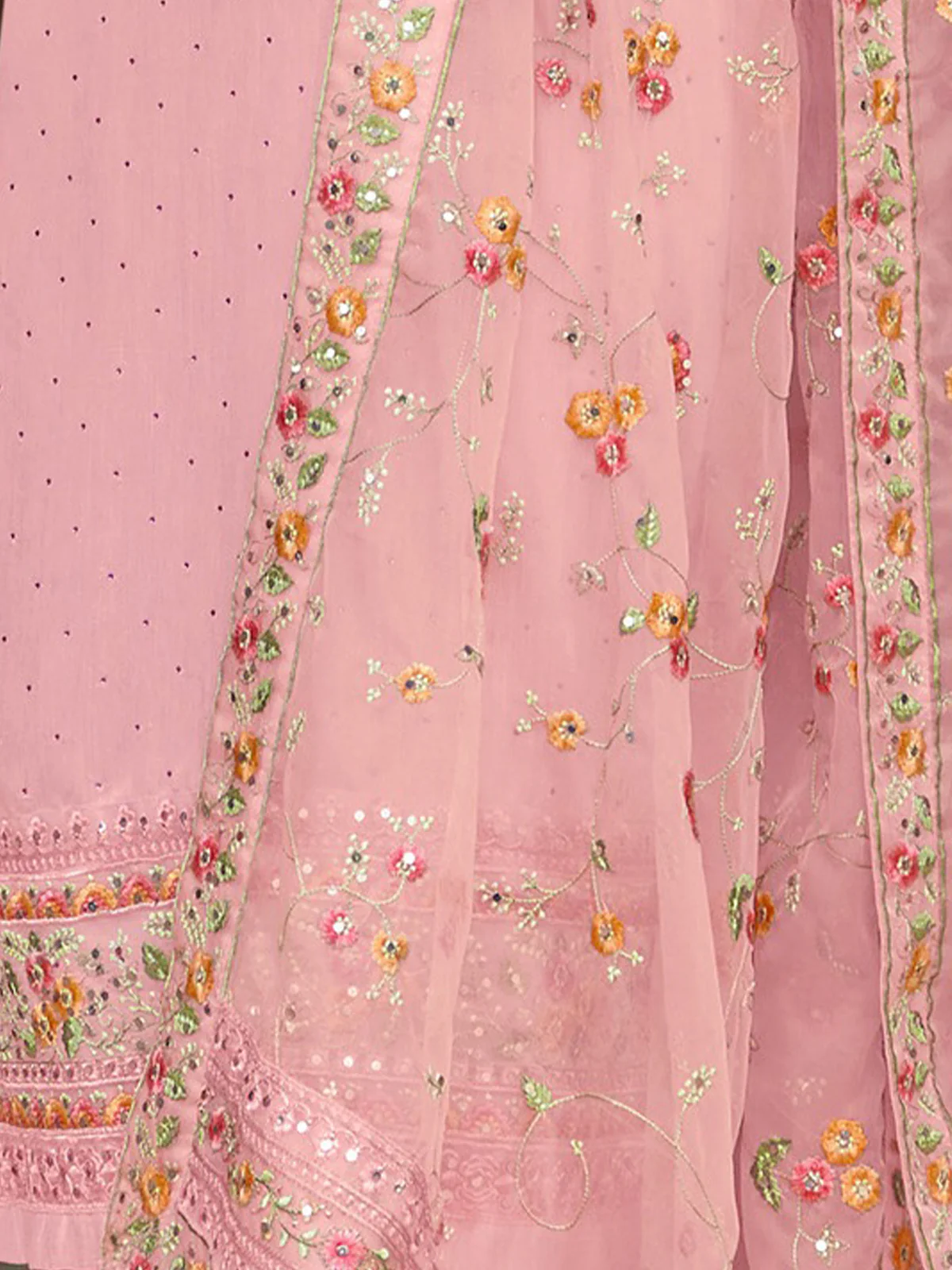 Odette Women Pink Floral Embroidered Georgette Semi Stitched Straight Salwar Suit - Image 3