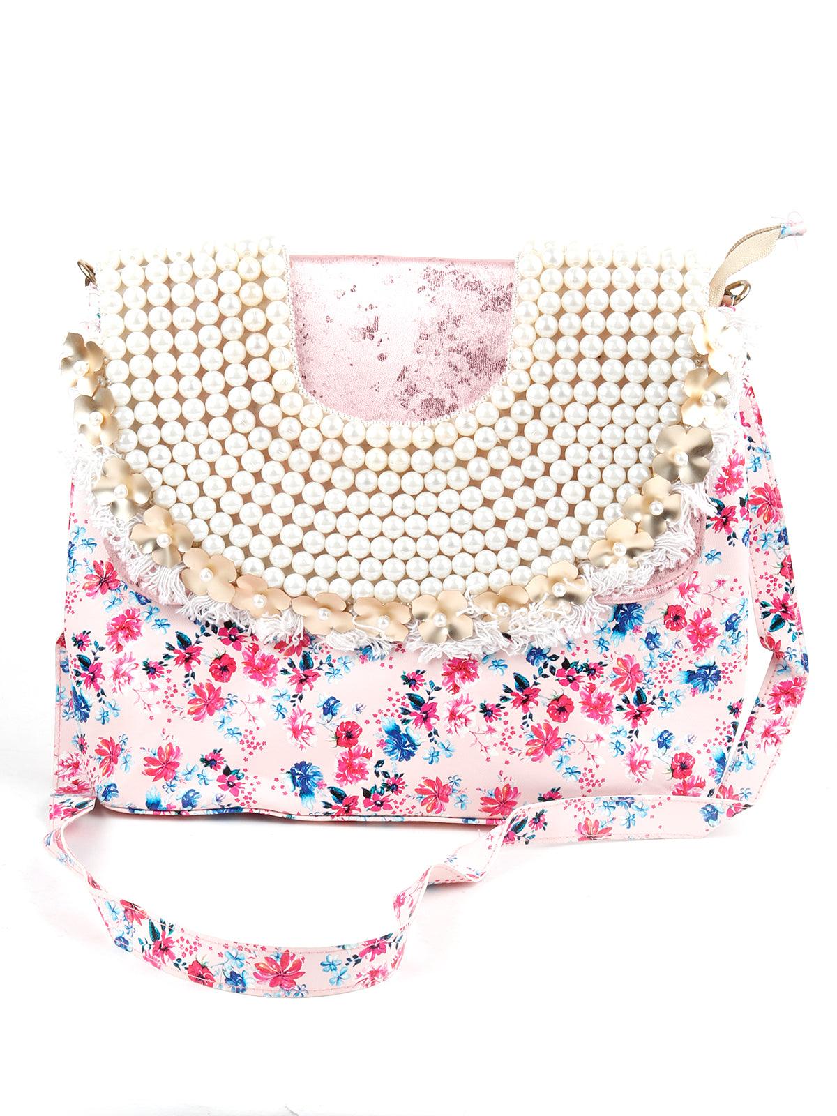 Odette Women Pink Floral Pearl Beaded Handbag - Image 3